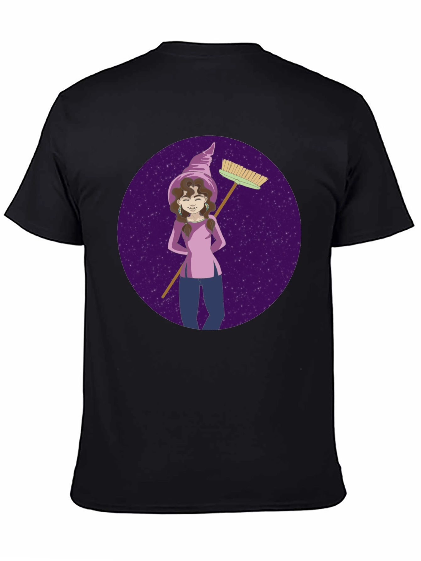 Black Whimsical Witch Graphic Tee - Broom & Stars Design view 4