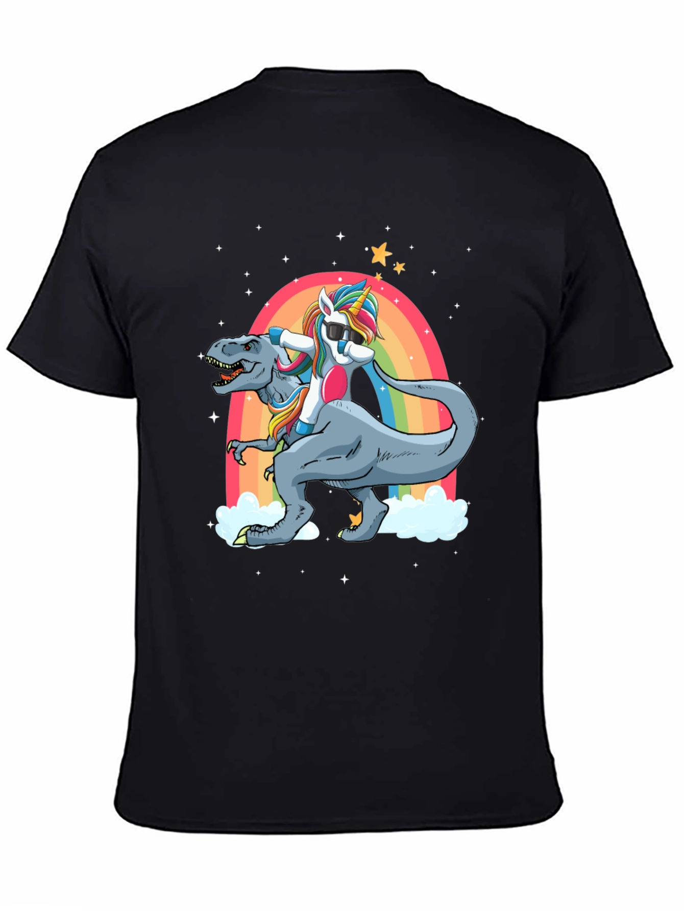 Black Unicorn Riding T-Rex T-Shirt view 4