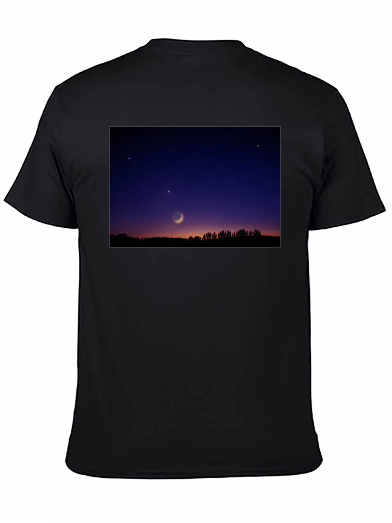 Black Men's Black T-Shirt with Night Sky Crescent Moon Design view 4