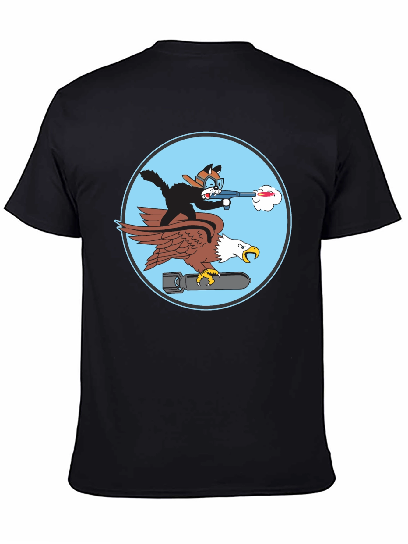 Black Cartoon Cat & Eagle T-Shirt - Funny Graphic Tee view 4