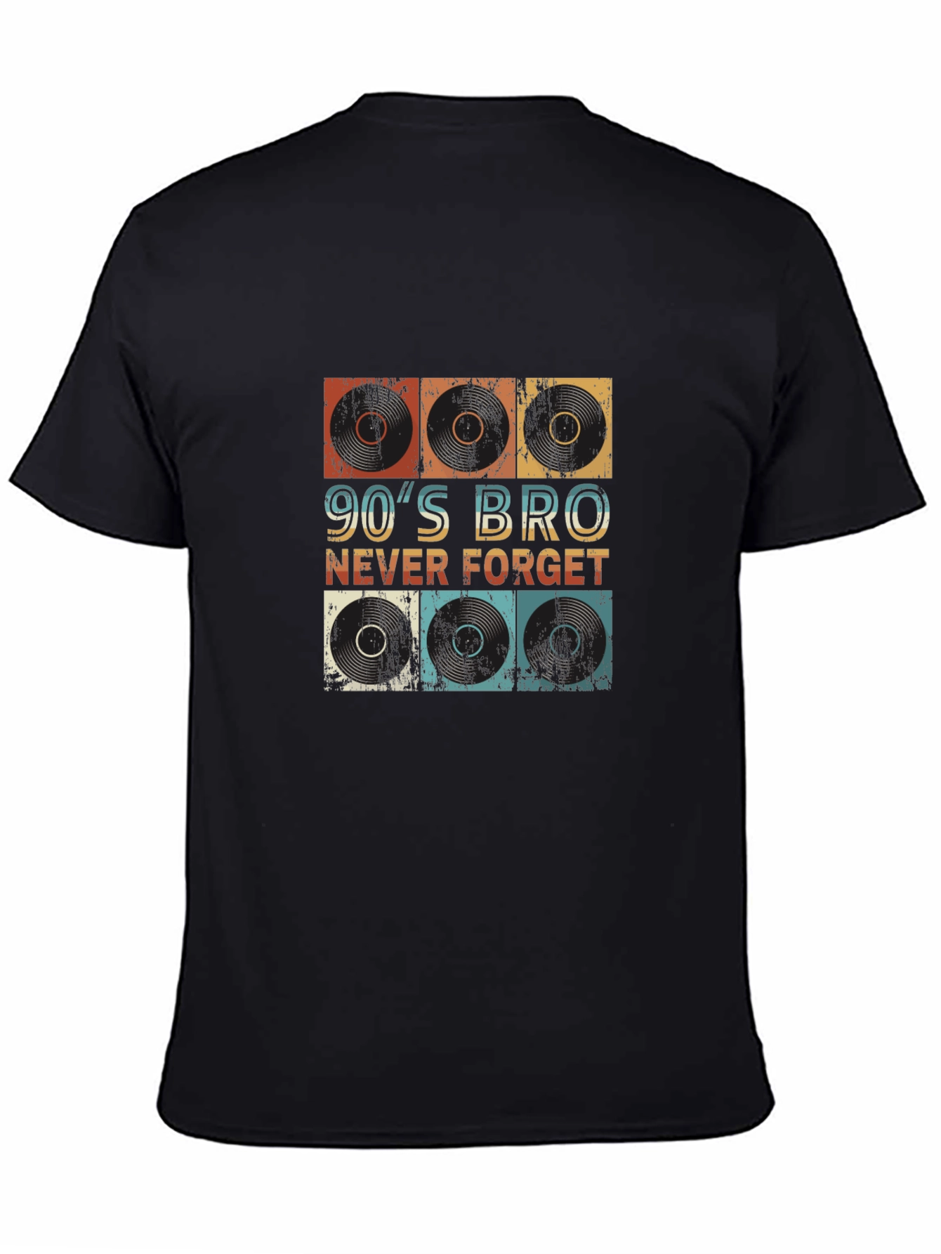 Black 90's Bro Never Forget Vinyl Record T-Shirt view 4