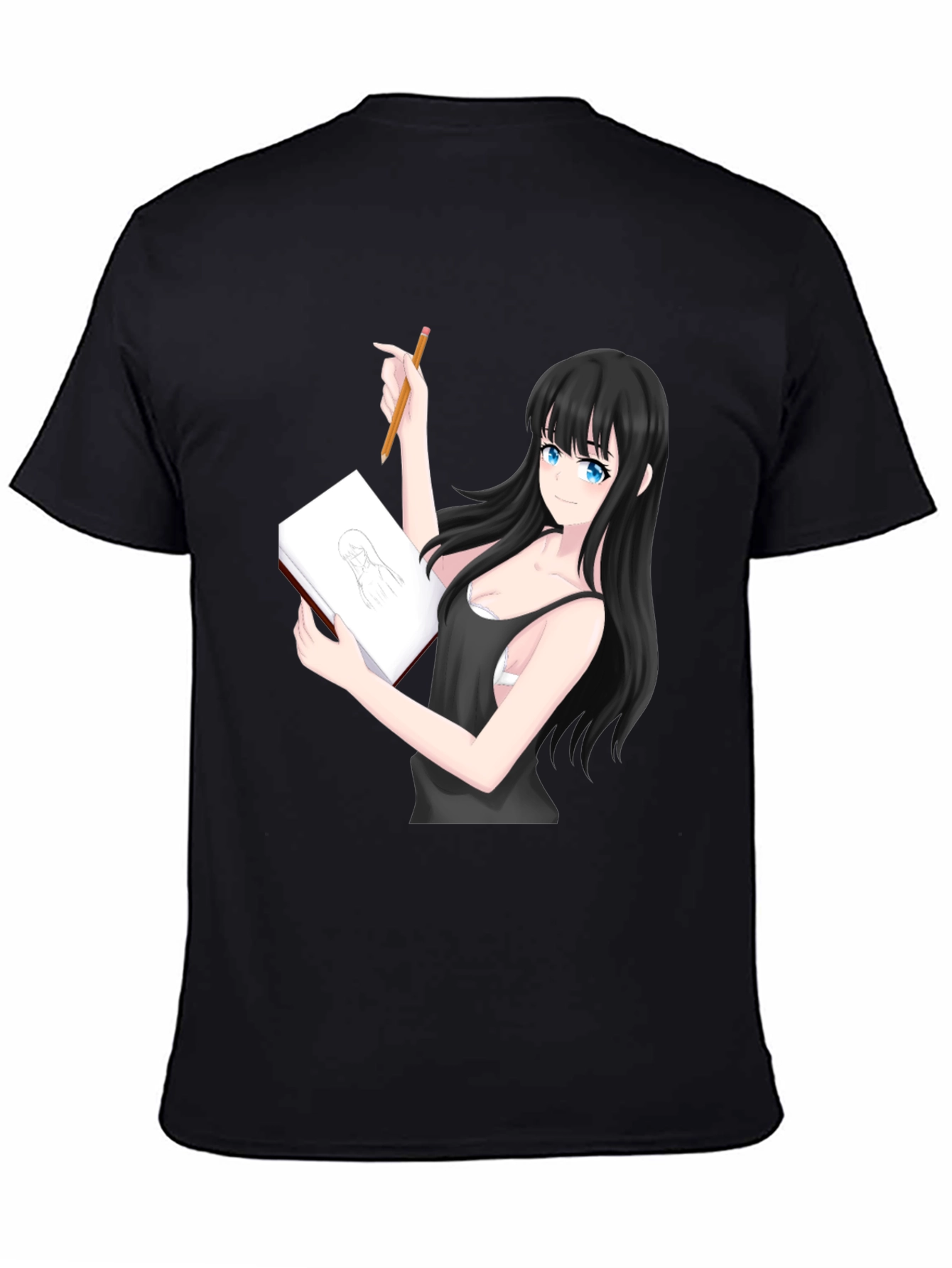 Black Anime Girl Sketch T-Shirt - Unique Design view 4