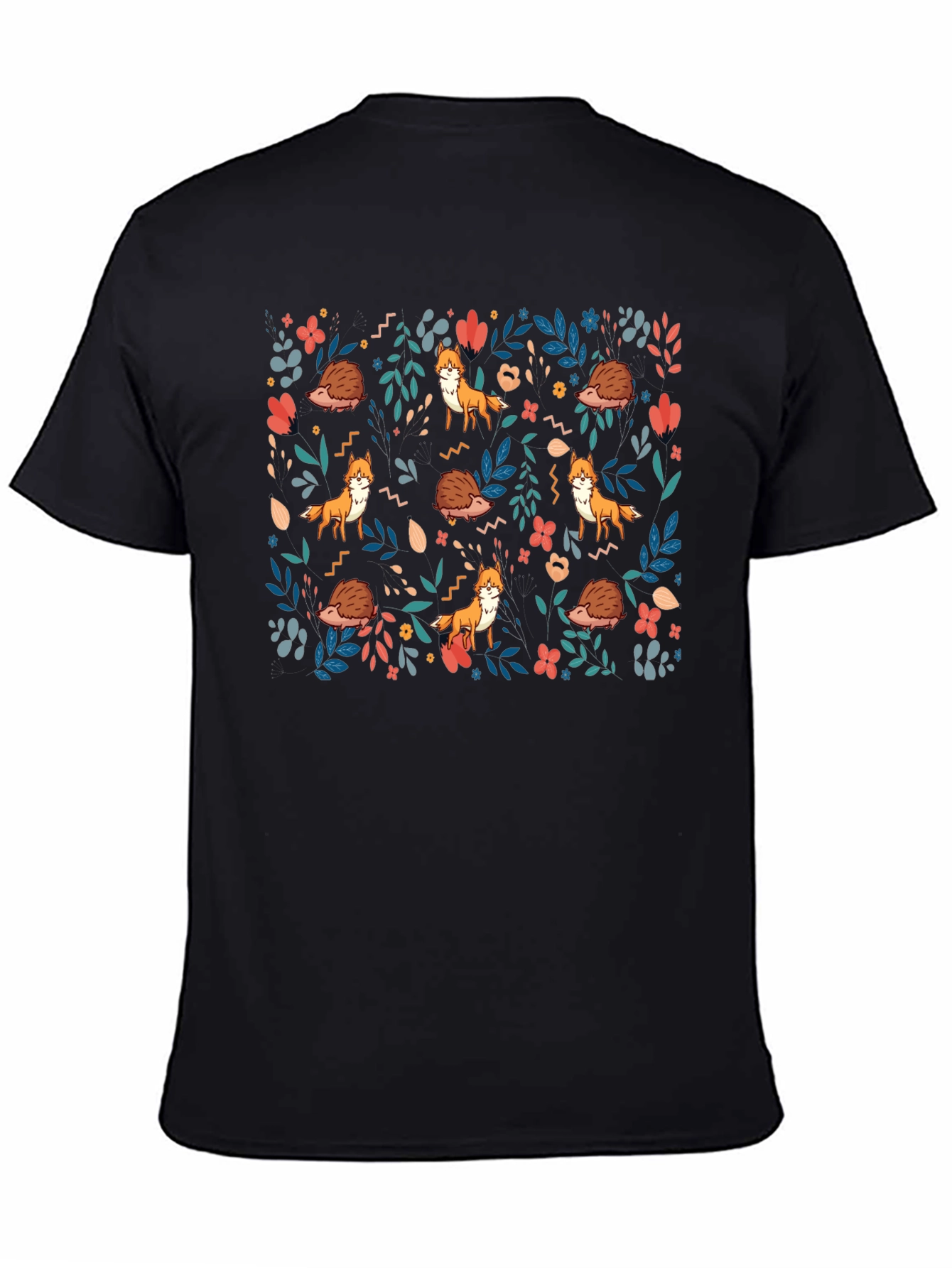 Black Fox and Hedgehog Patterned T-Shirt view 4