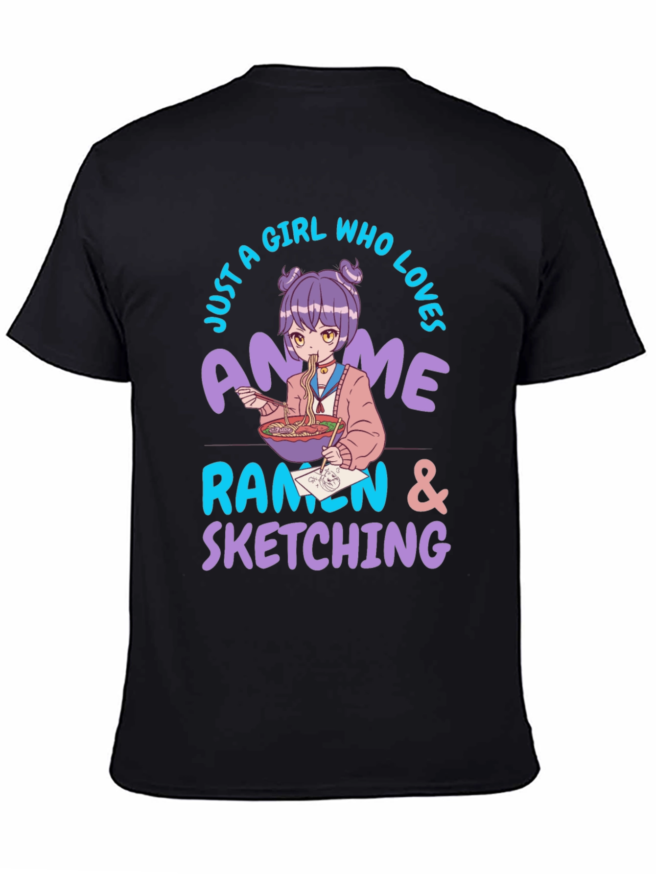 Black Anime Ramen Sketching Graphic T-Shirt view 4