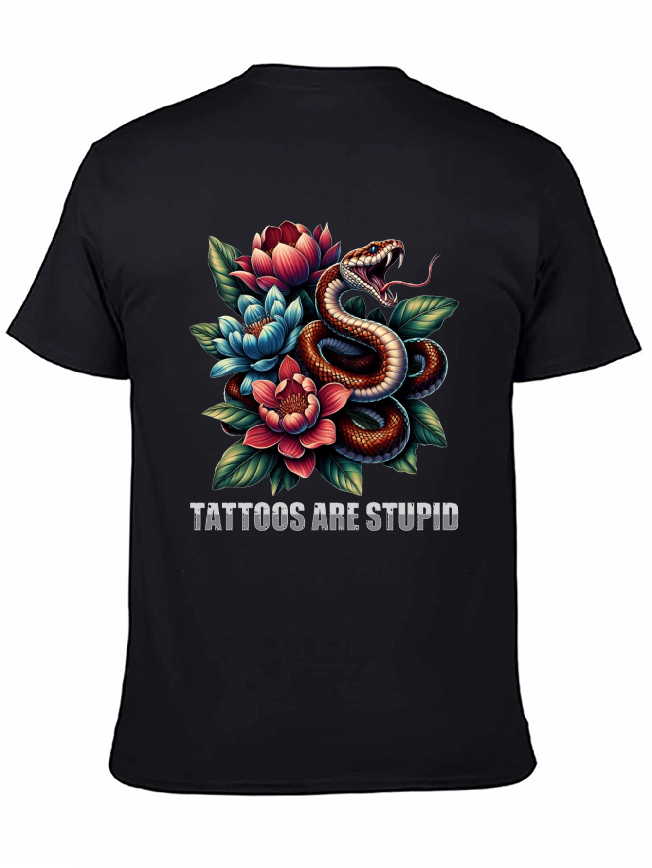 Black Snake & Floral Graphic Tee - Tattoos are Stupid view 4