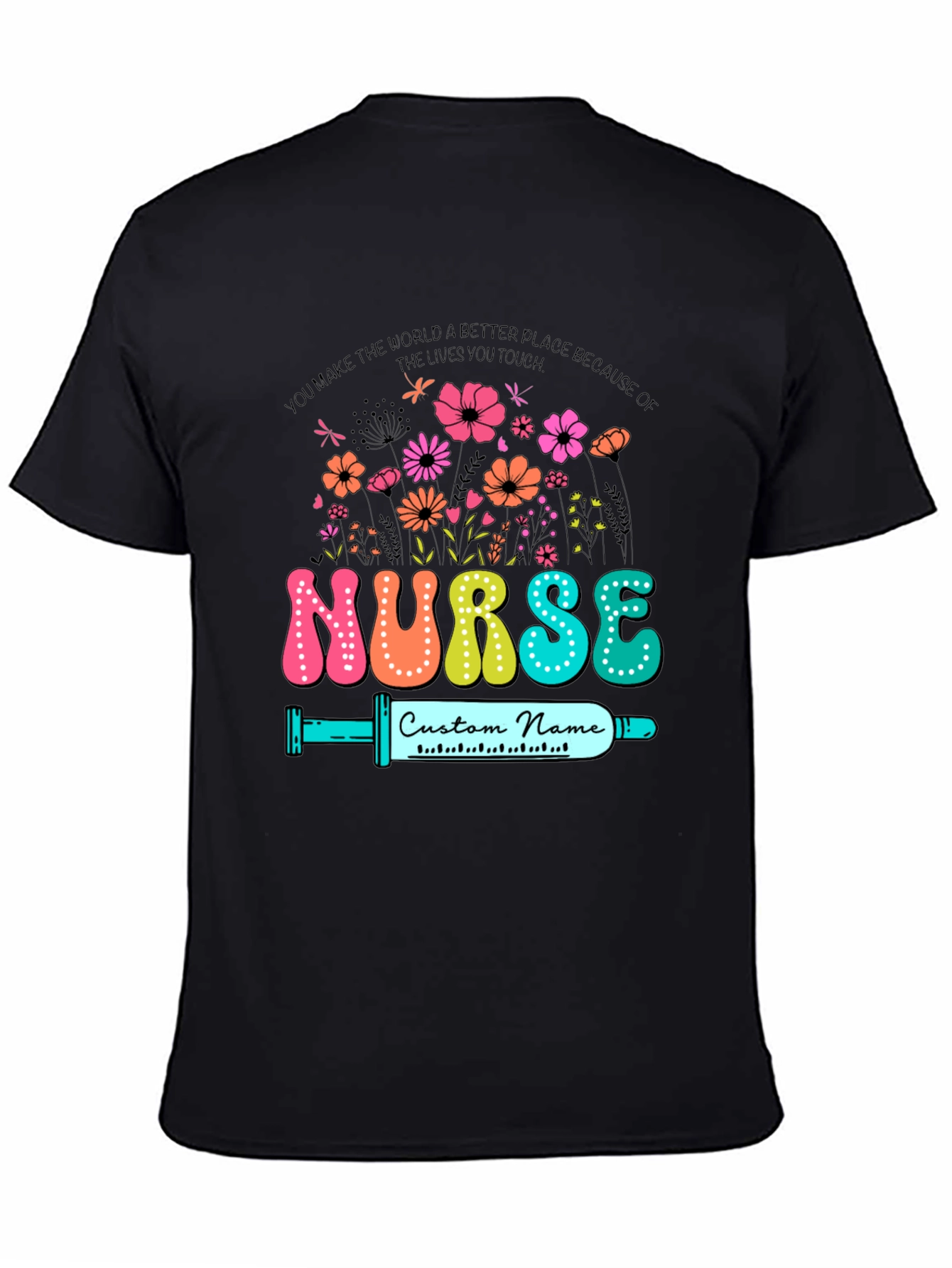 Black Floral Nurse Custom Name T-Shirt view 4