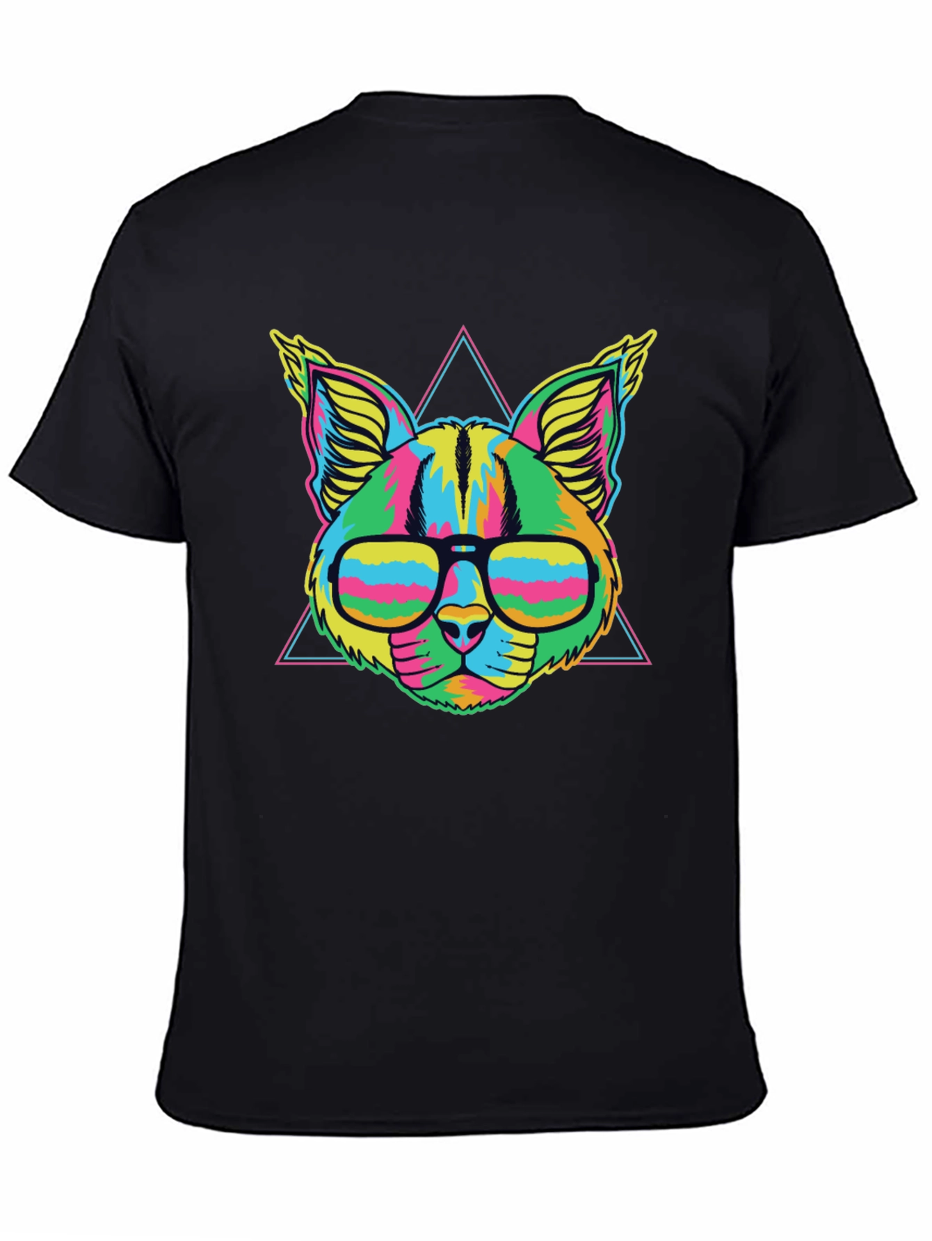 Black Vibrant Neon Cat T-Shirt with Glasses view 4