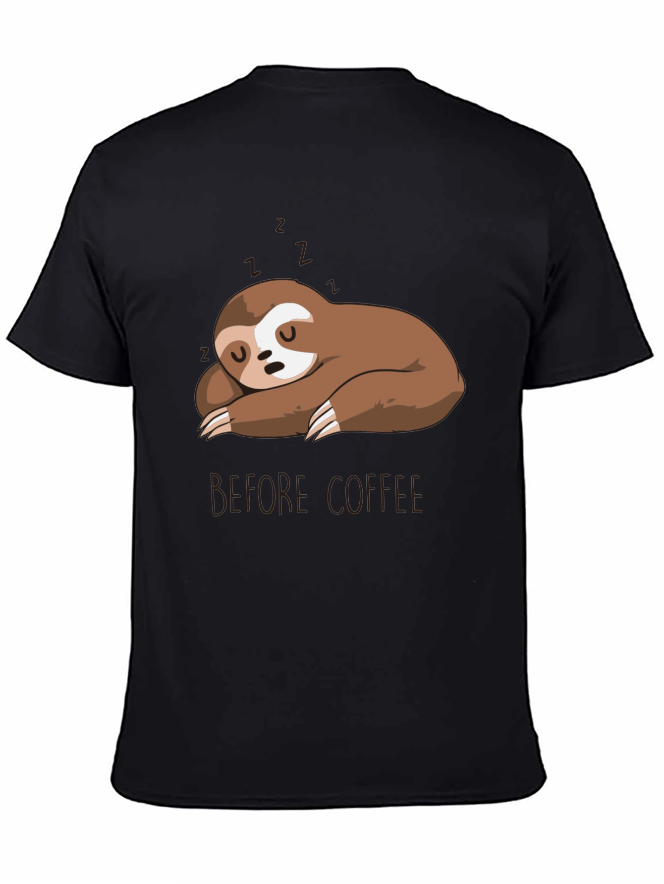 Black Sleeping Sloth Before Coffee T-Shirt view 4