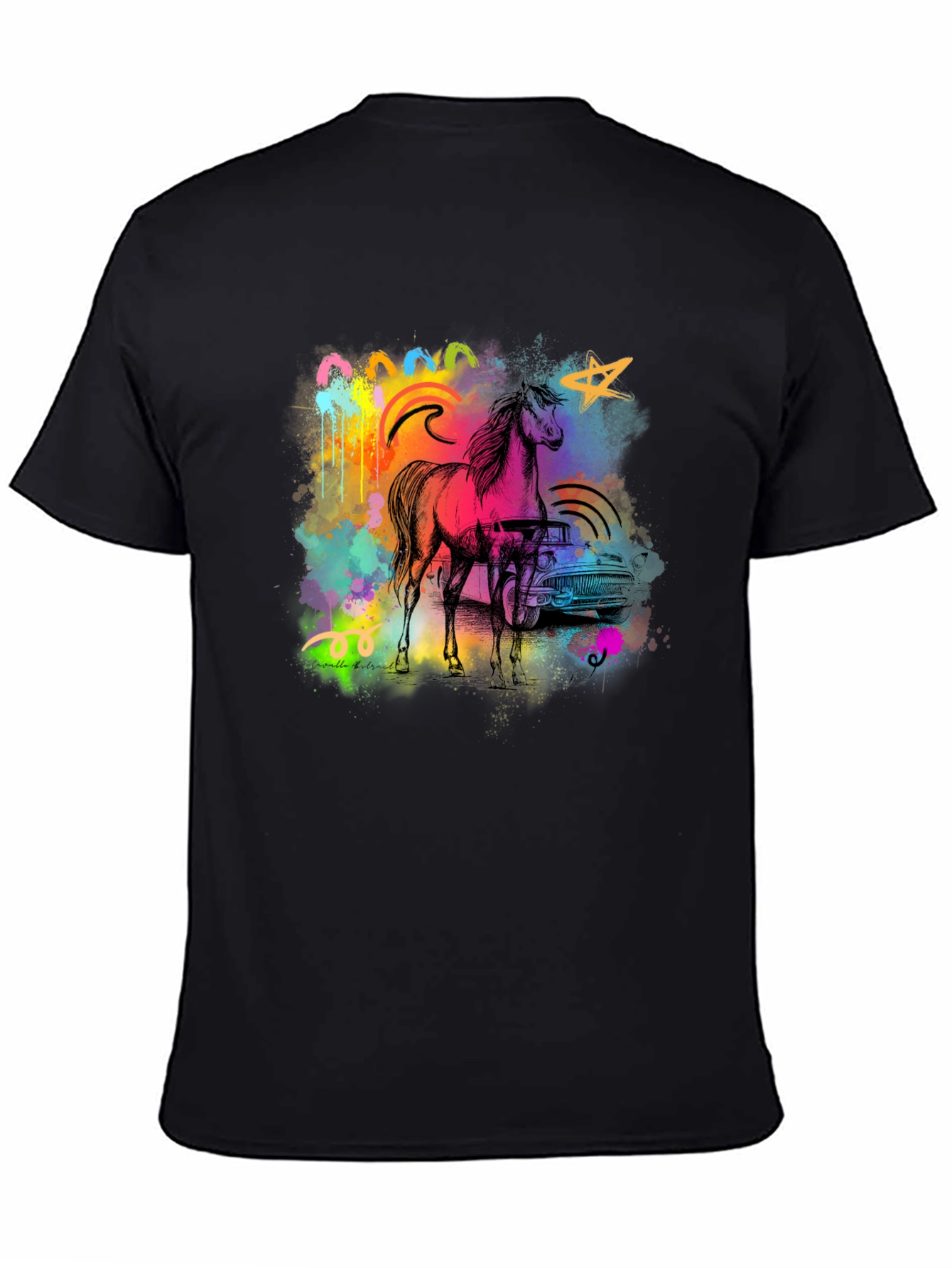 Black Vibrant Horse & Car Graphic Print Black T-Shirt view 4