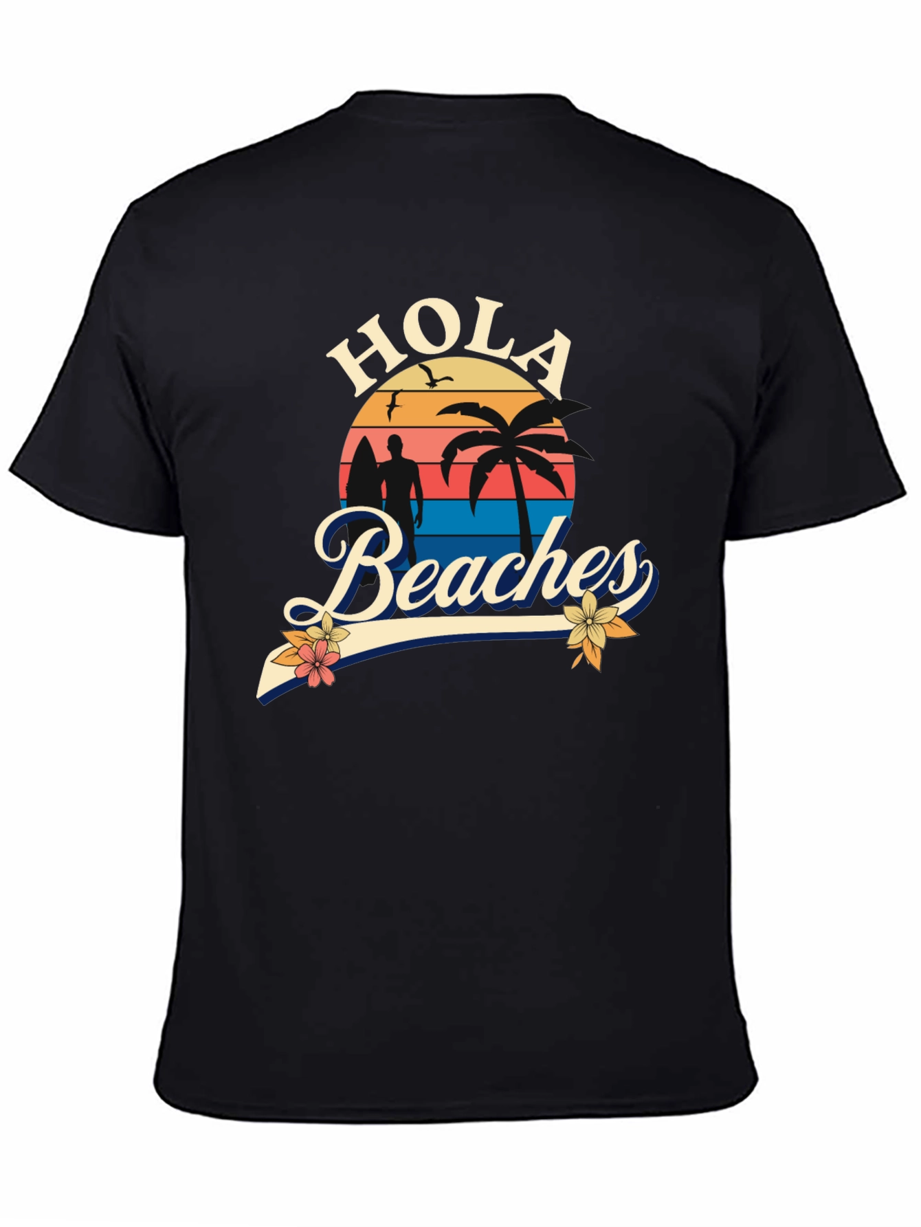 Black Hola Beaches T-Shirt - Sunset Beach Design view 4