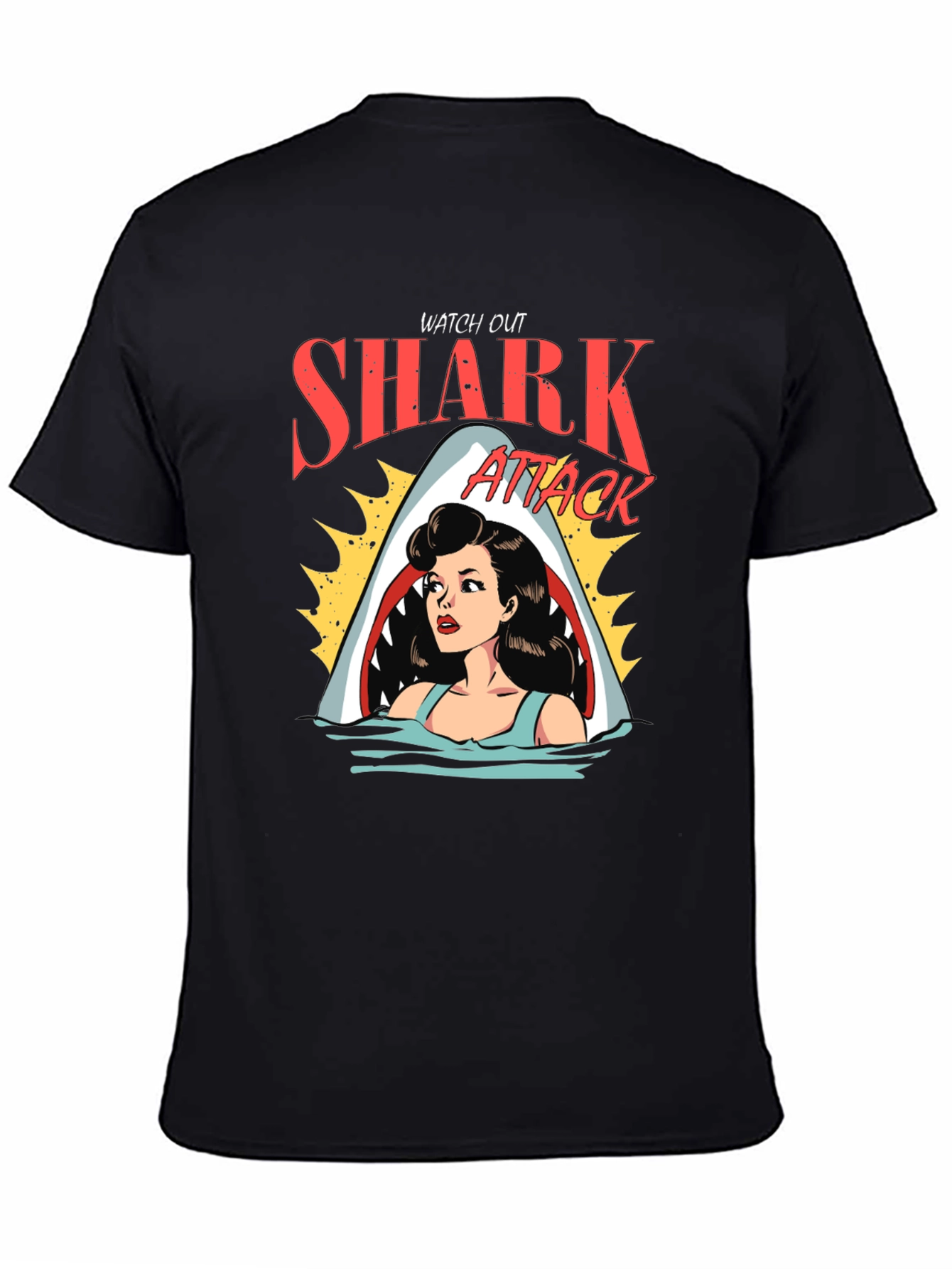 Black Shark Attack Cartoon Graphic Black T-Shirt view 4