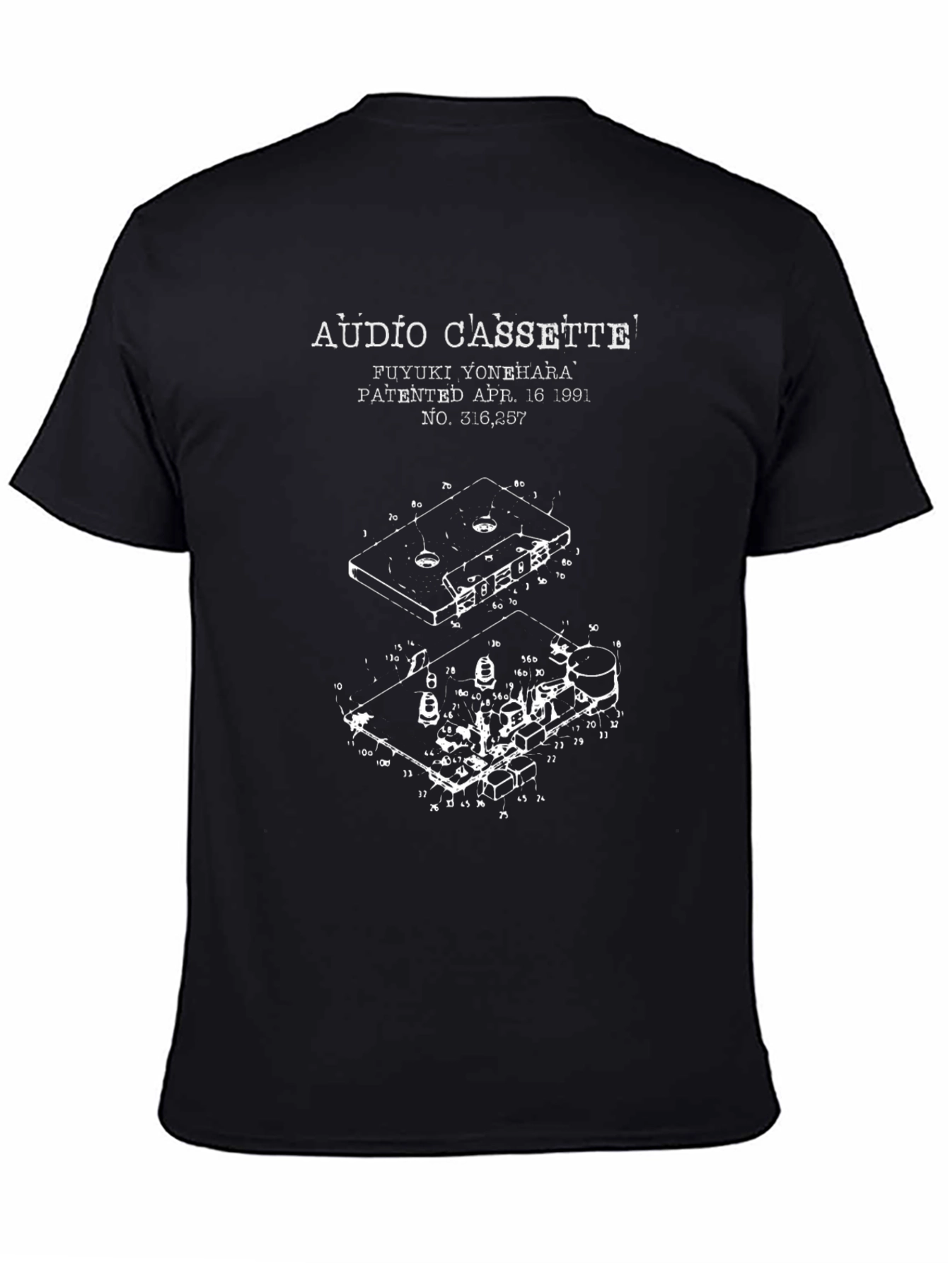 Black Audio Cassette Patent Print Black T-Shirt view 4