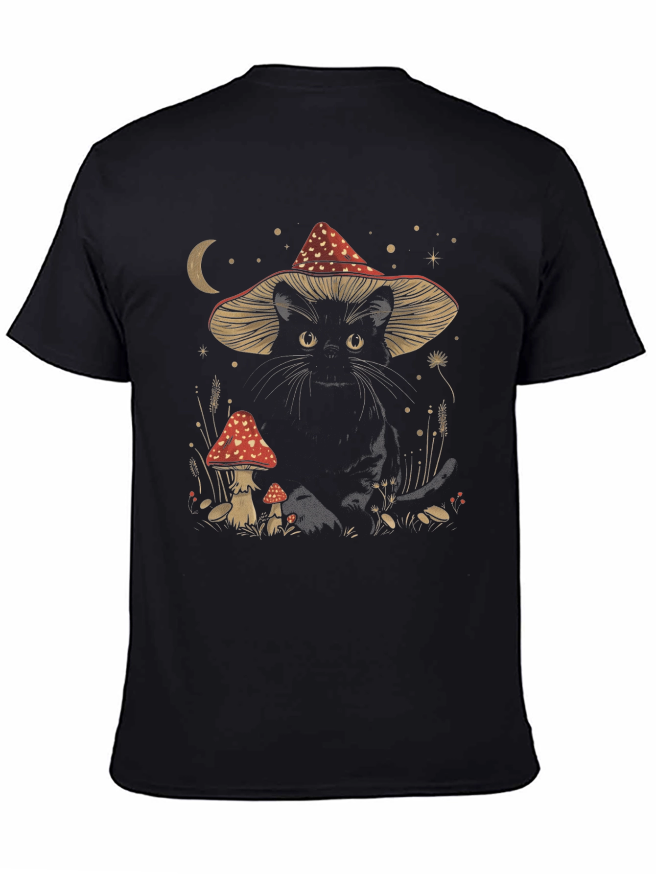 Black Cat in Mushroom Hat T-Shirt - Whimsical Graphic Tee view 4