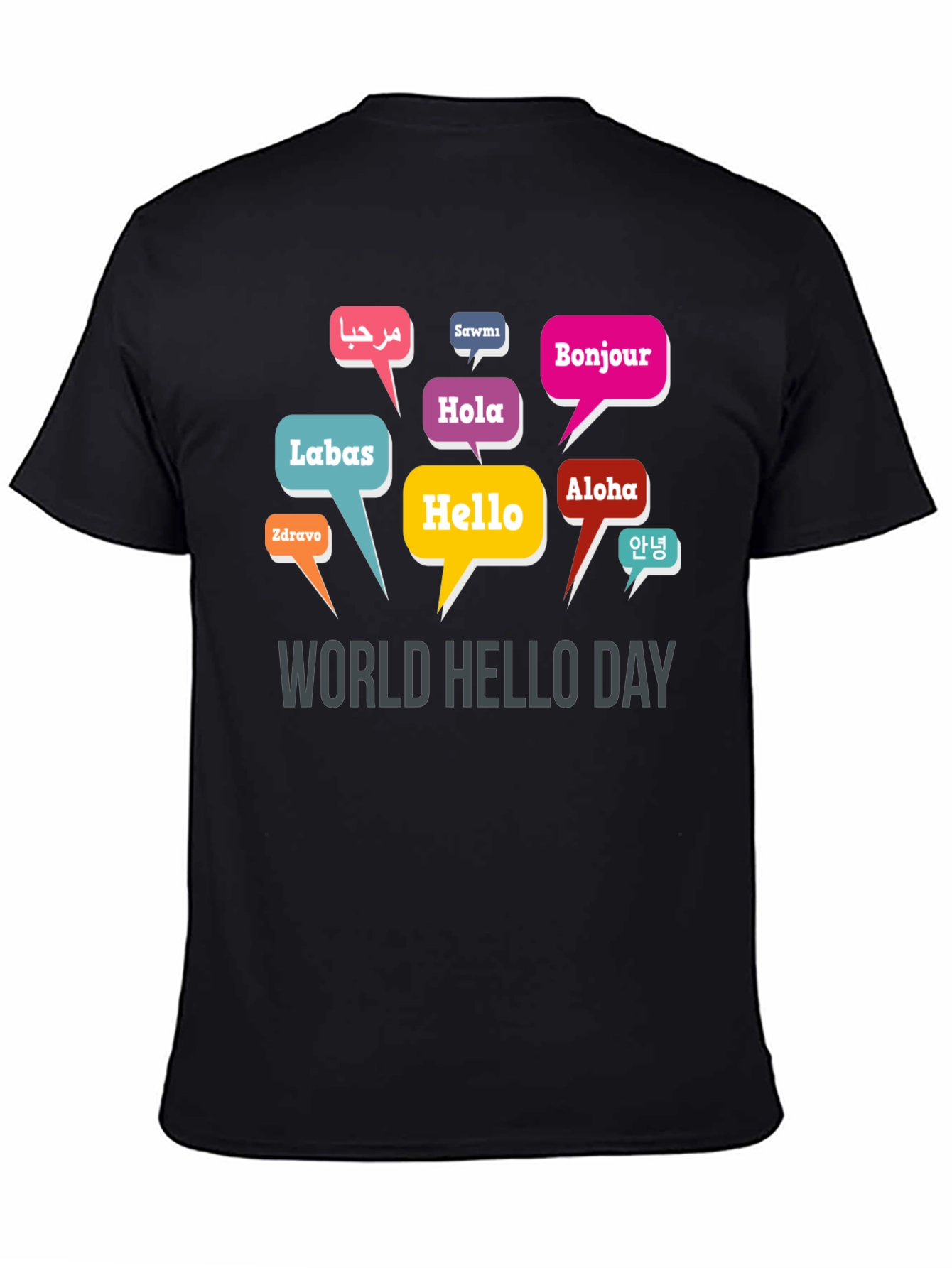Black World Hello Day T-Shirt - Multilingual Greetings view 4