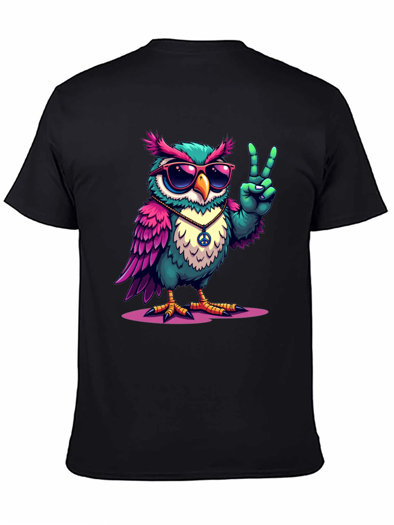 Black Cool Owl Peace Sign T-Shirt view 4