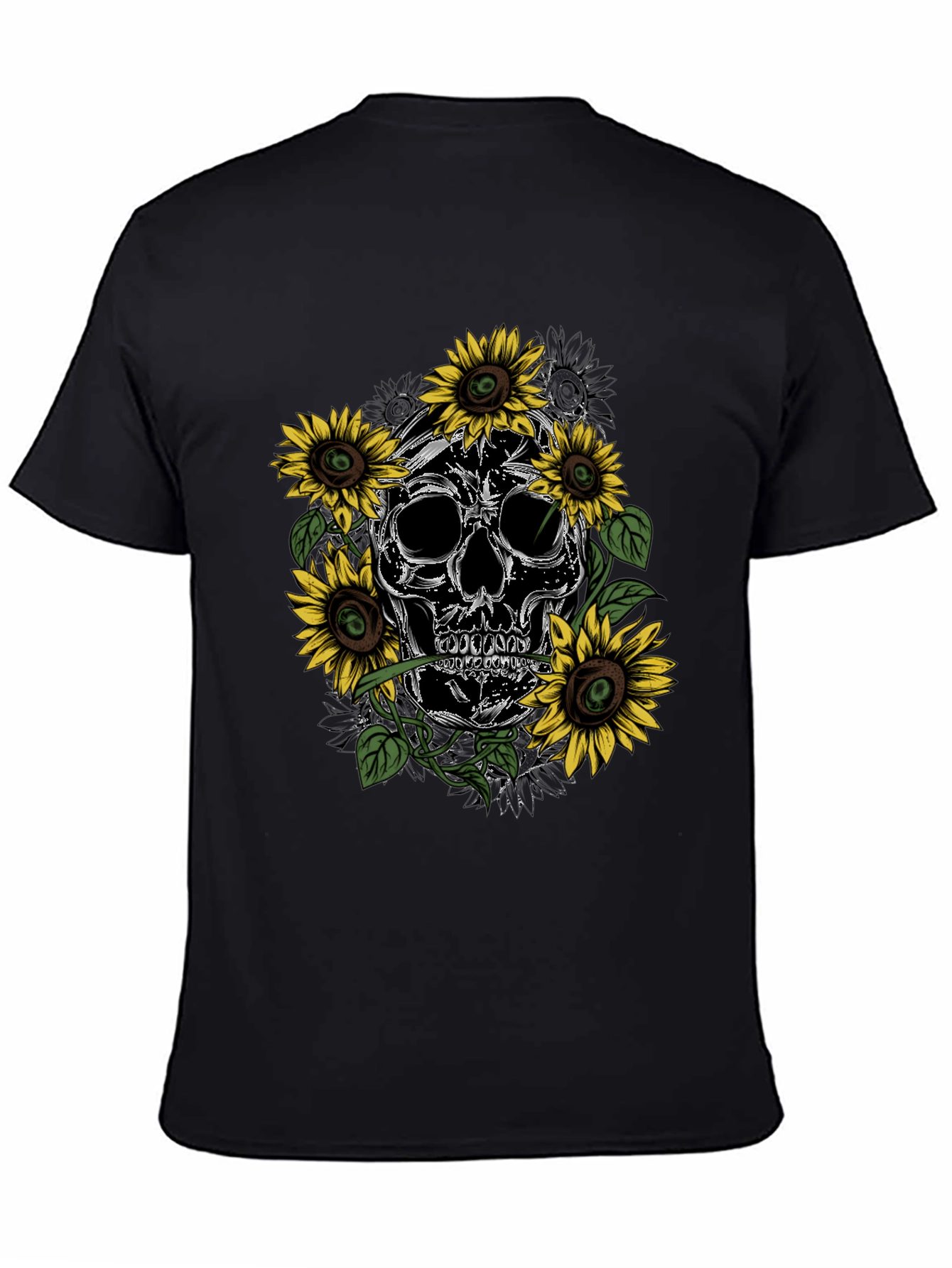 Black Skull & Sunflower Graphic Tee - Men's Black T-Shirt view 4