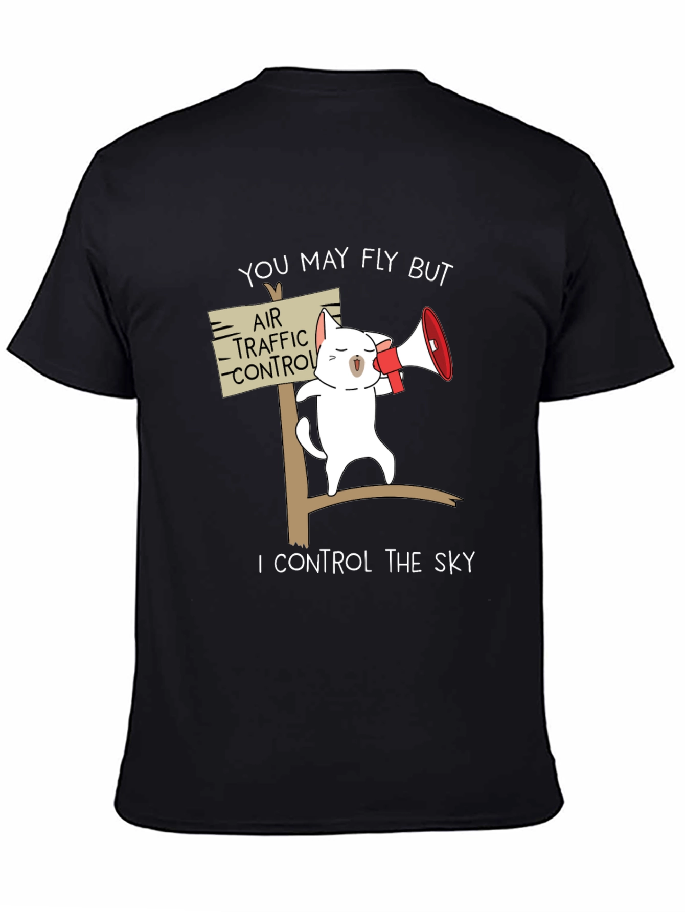 Black Funny Air Traffic Control Cat T-Shirt view 4