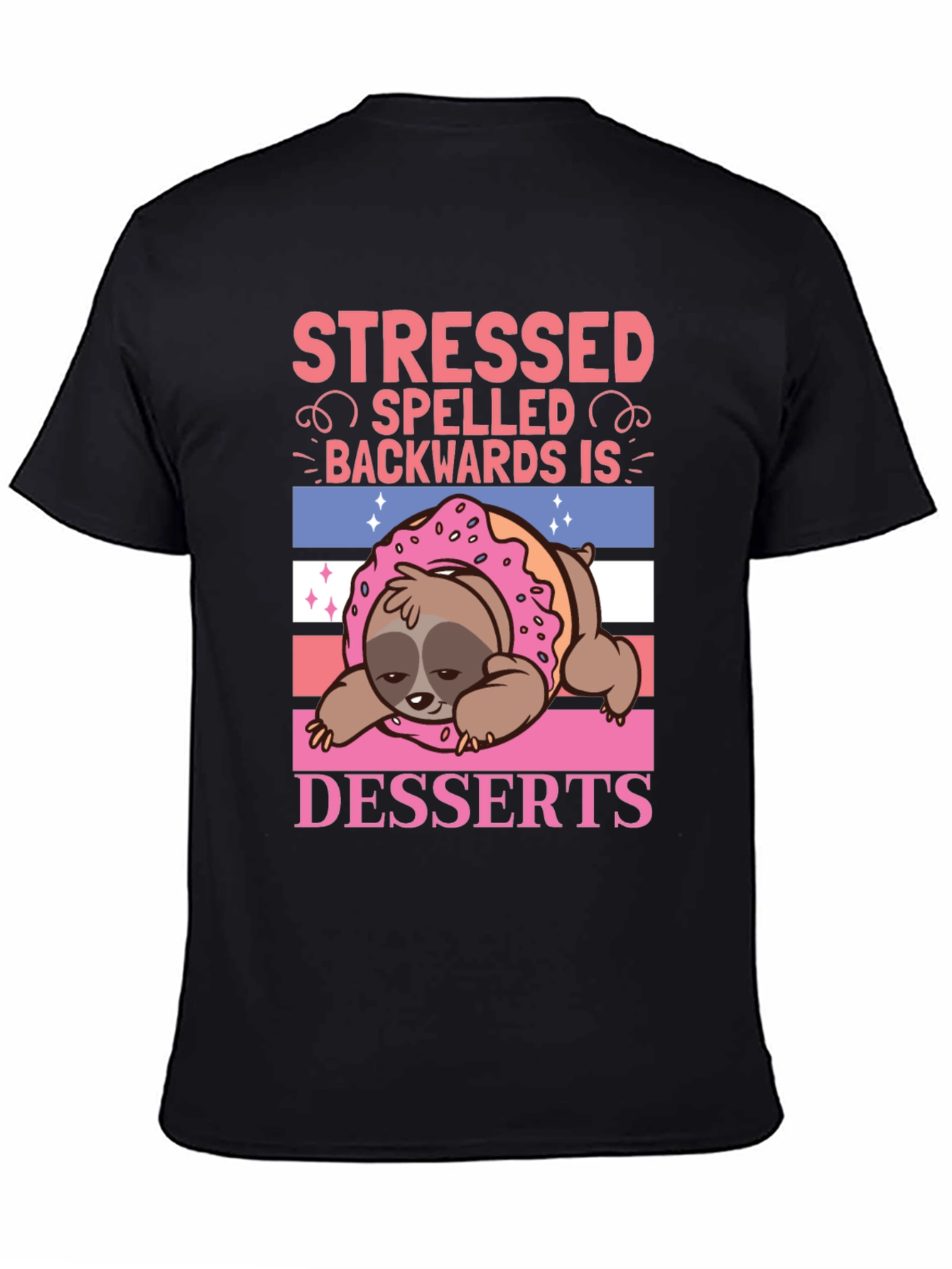 Black Stressed Backwards Desserts Sloth T-Shirt view 4