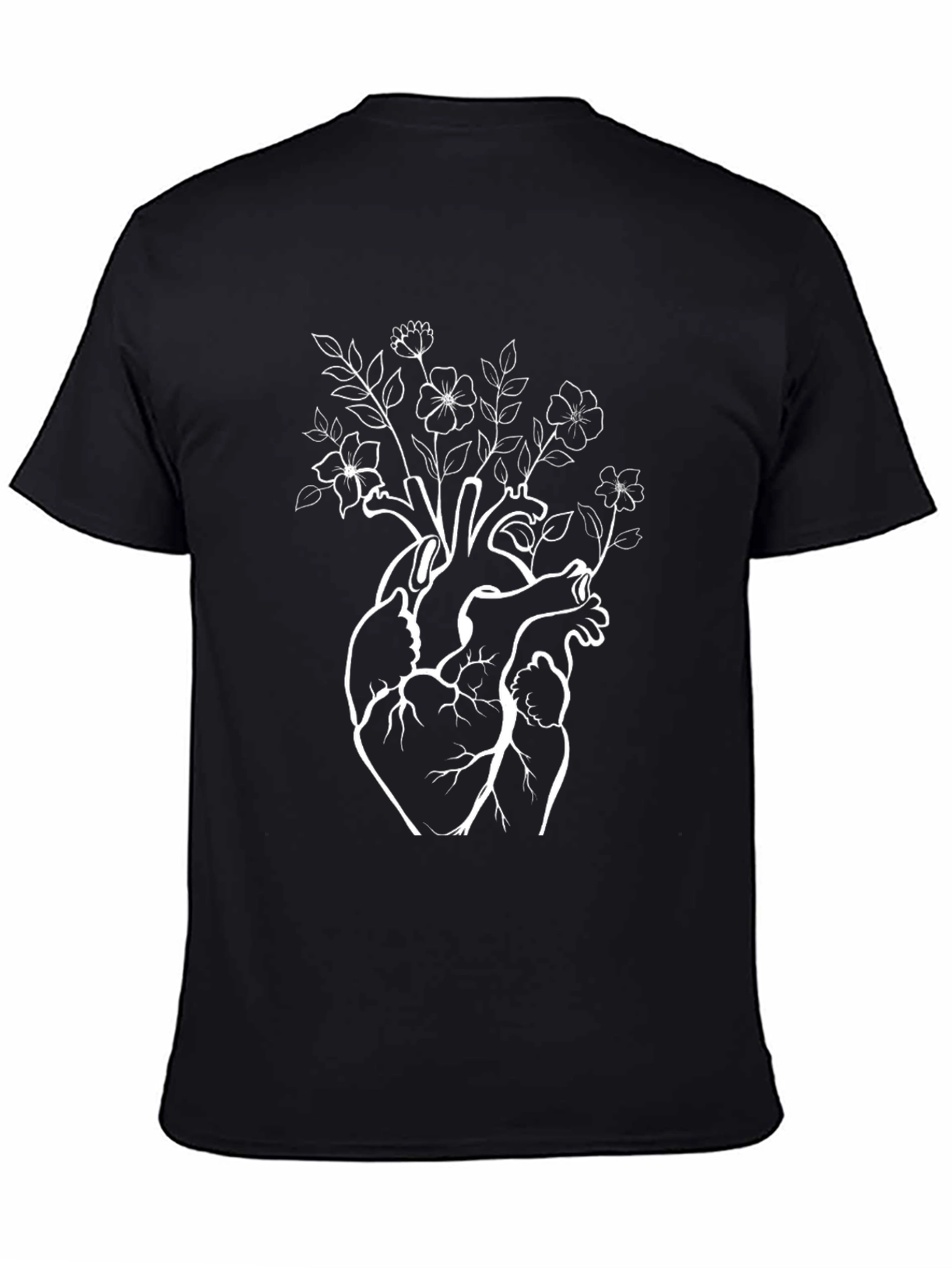 Black Floral Heart T-Shirt - Artistic Anatomical Design view 4