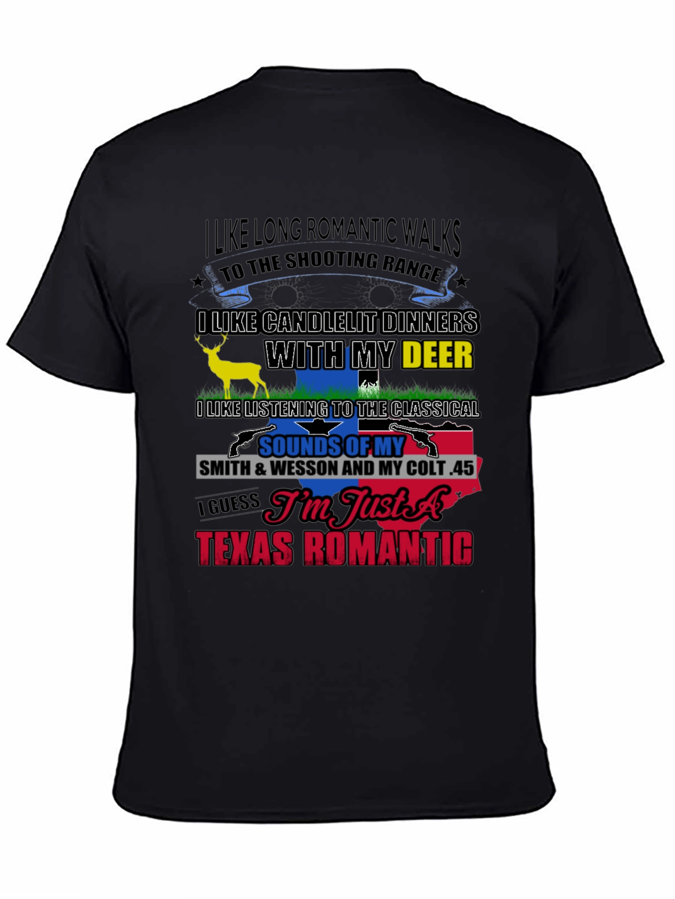 Black Texas Romantic T-Shirt: Guns & Deer view 4