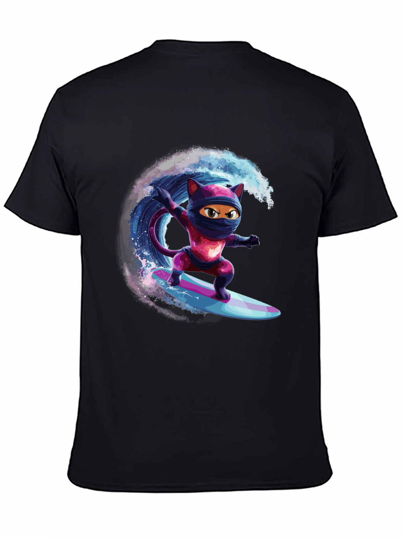 Black Ninja Cat Surfing T-Shirt - Cool Graphic Tee view 4