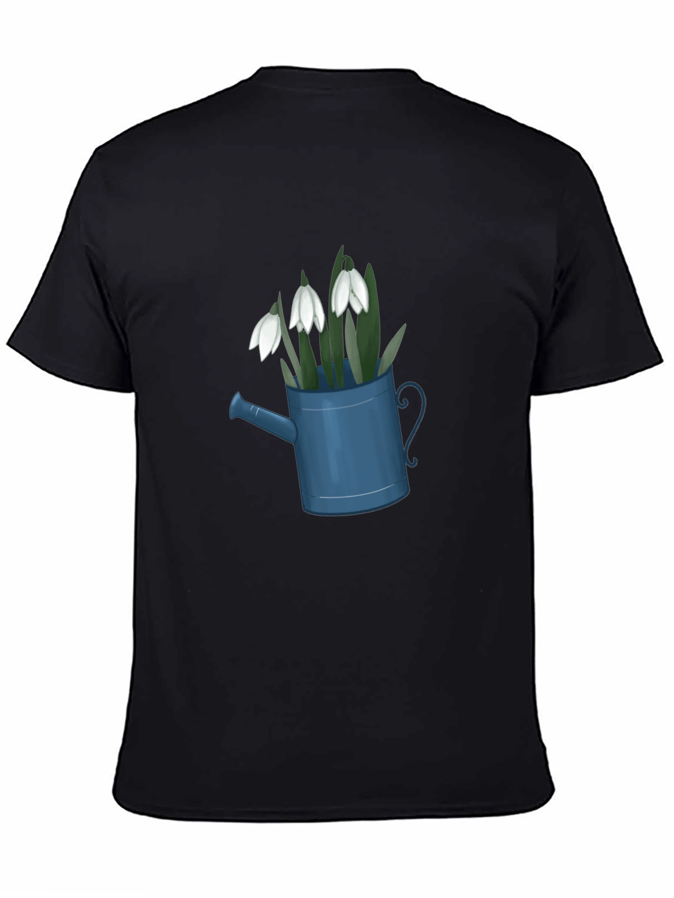 Black Snowdrop Flowers in Watering Can Black T-Shirt view 4
