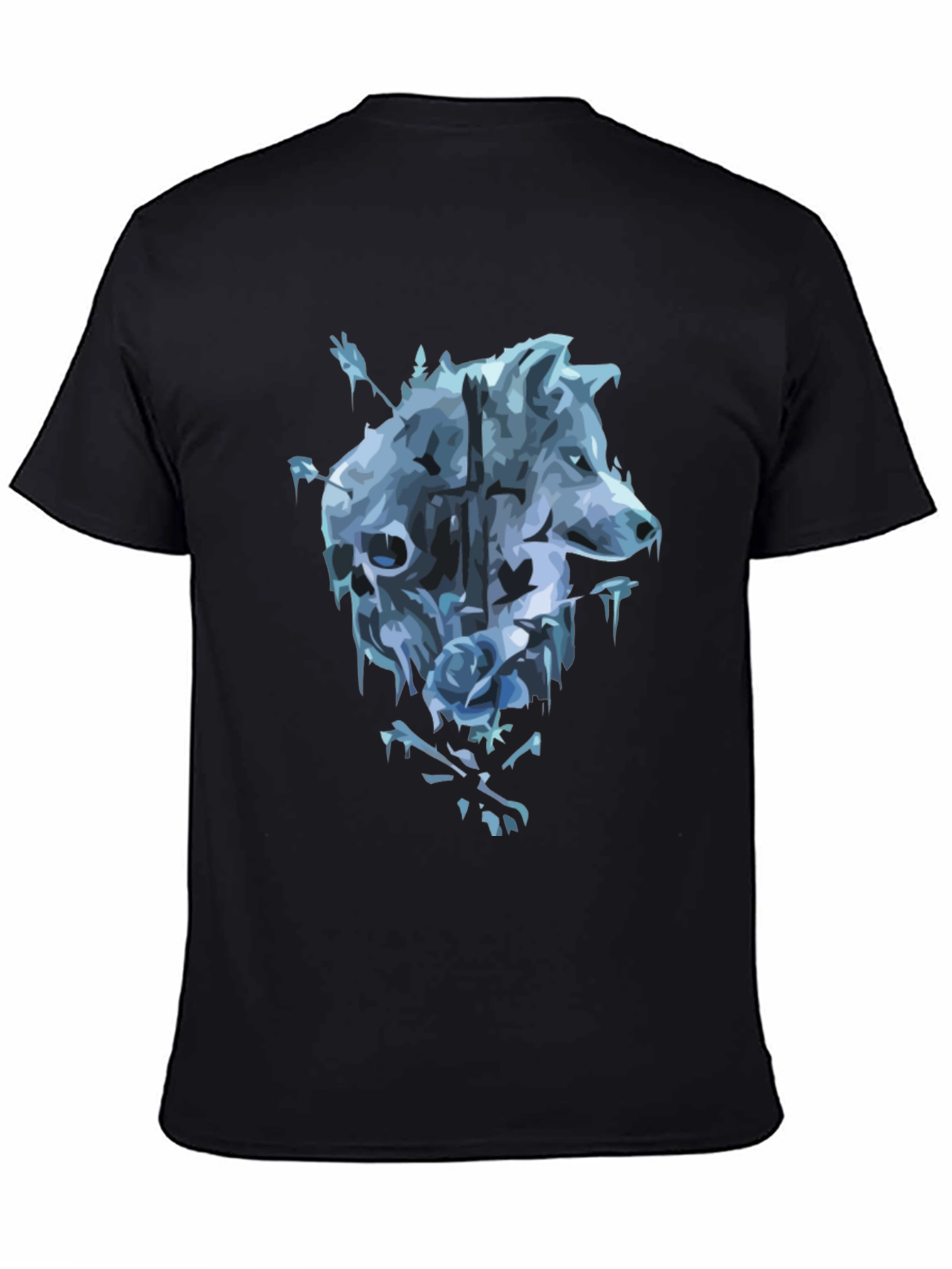 Black Wolf Skull Rose Graphic T-Shirt - Men's Black Tee view 4