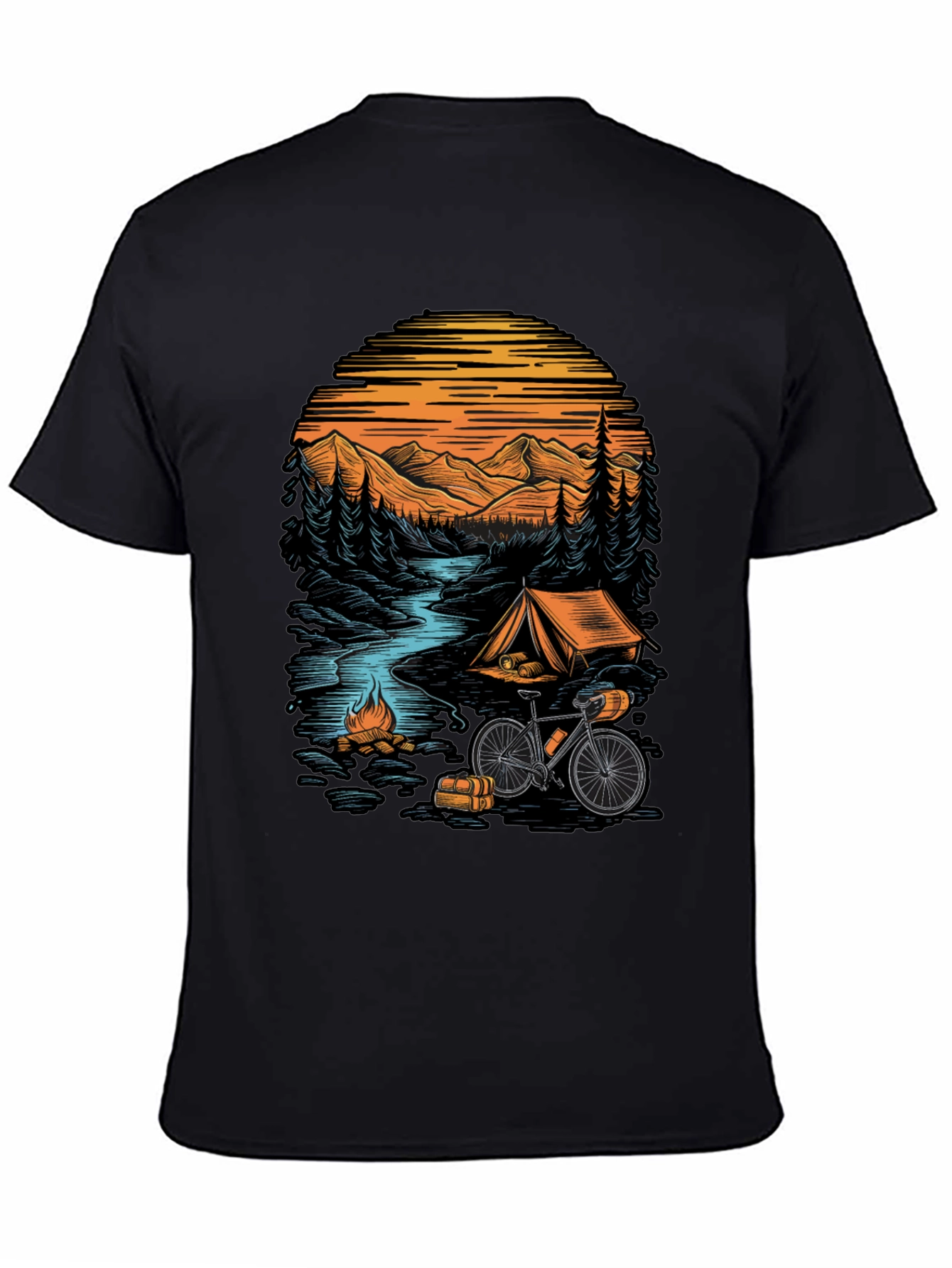 Black Adventure Camping T-Shirt - Mountain & Bicycle Design view 4