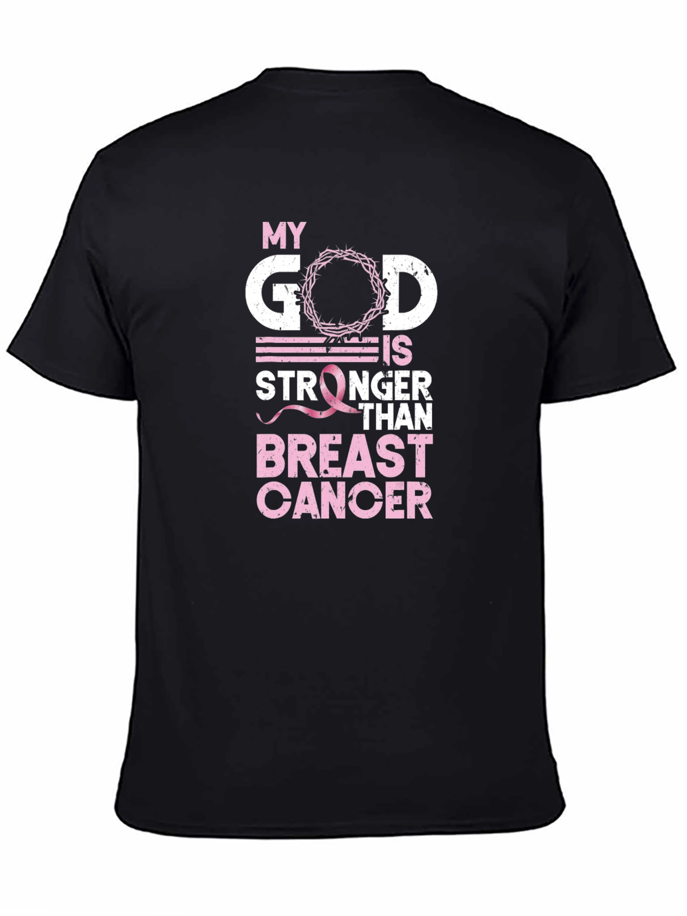Black My God is Stronger Than Breast Cancer Awareness T-Shirt view 4