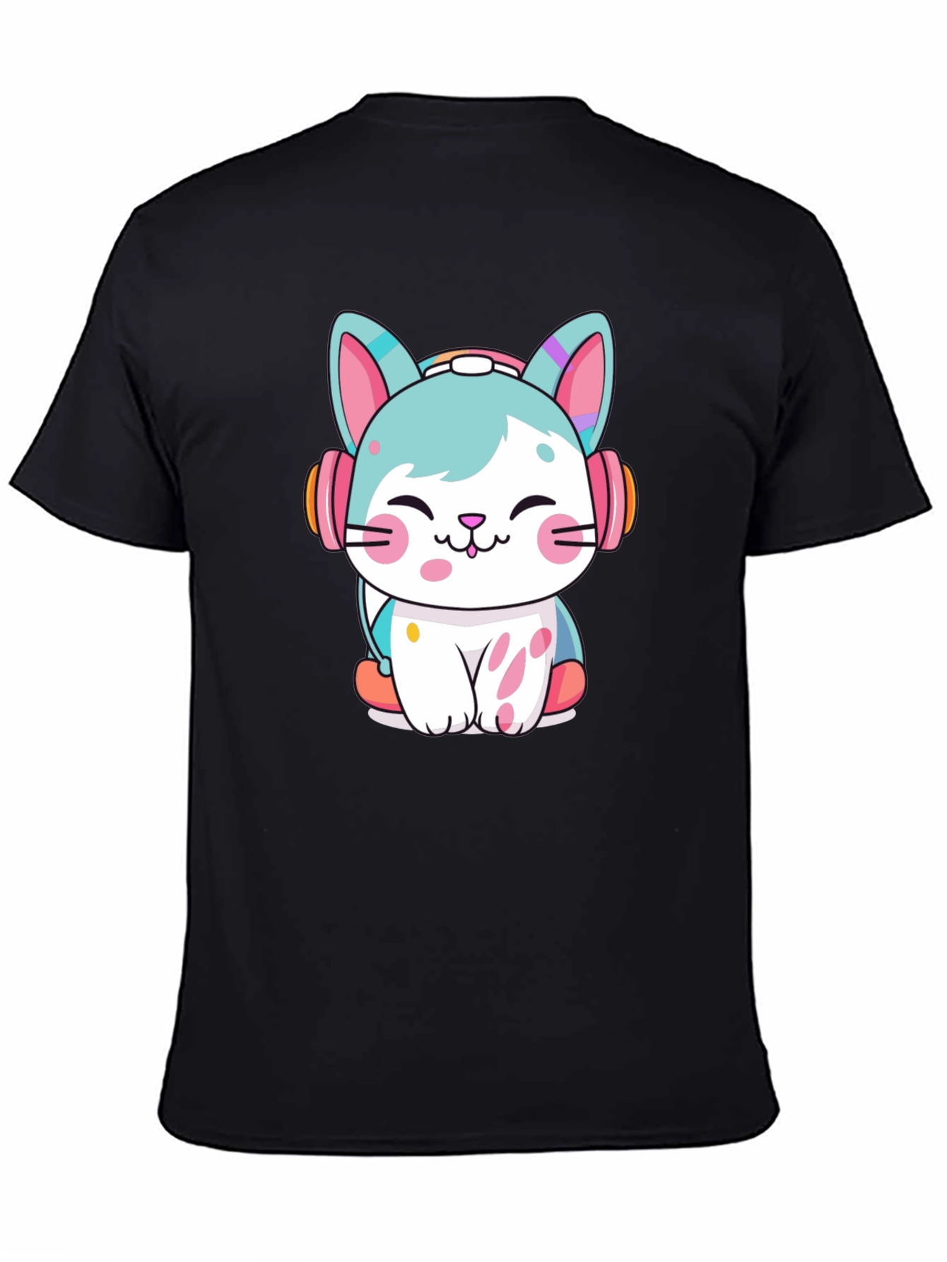 Black Cute Cat with Headphones Graphic Tee view 4