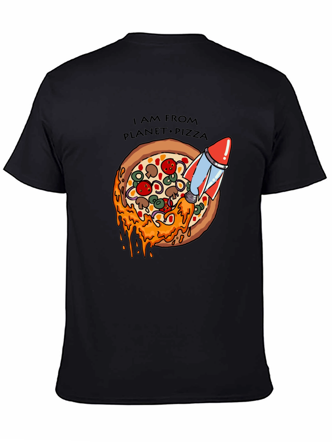Black Planet Pizza T-Shirt - Rocket Launch Design view 4