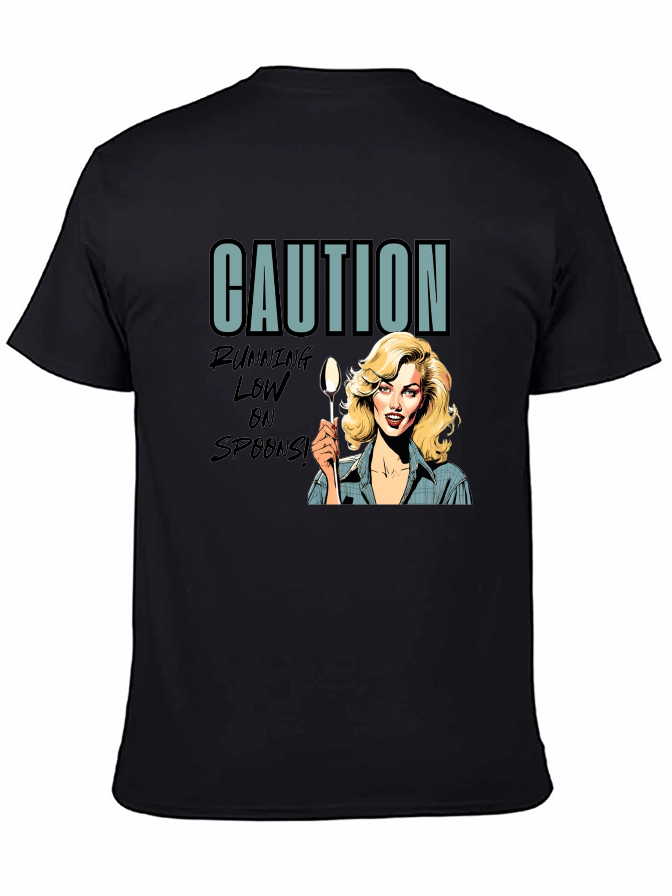 Black Caution Running Low On Spoons T-Shirt view 4