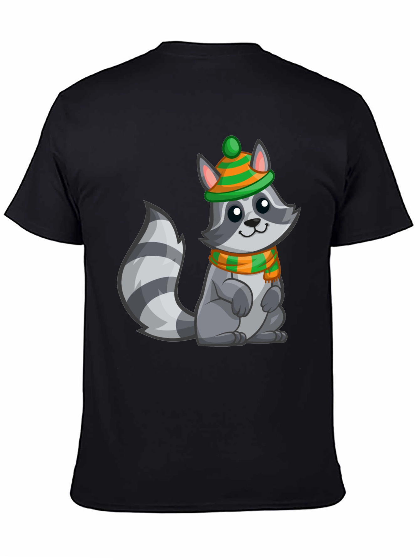 Black Cute Raccoon T-Shirt with Winter Hat and Scarf - Unisex Tee view 4