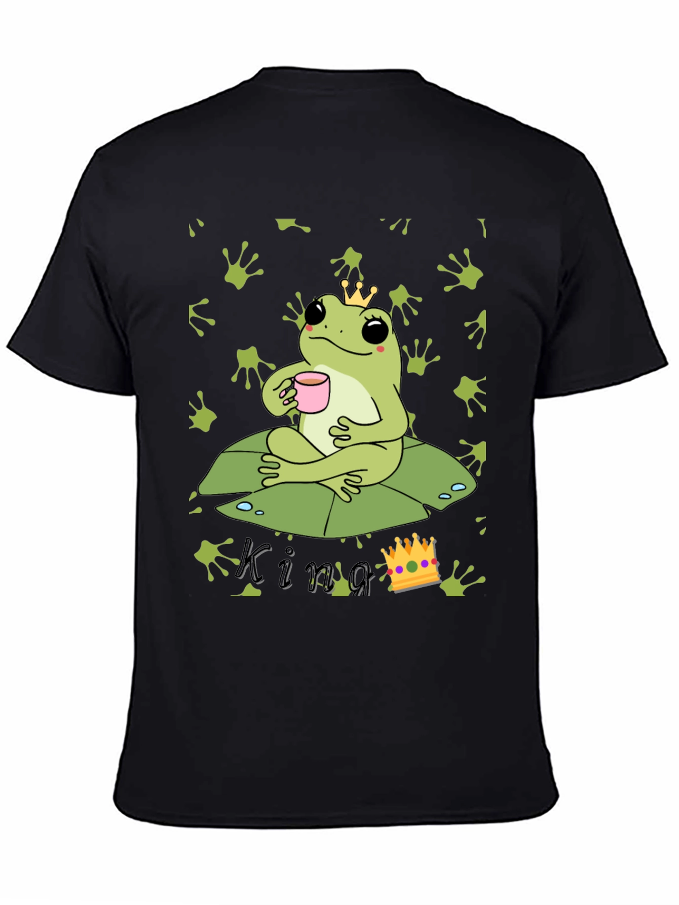 Black Frog King T-Shirt - Cute Frog with Crown Drinking Tea view 4