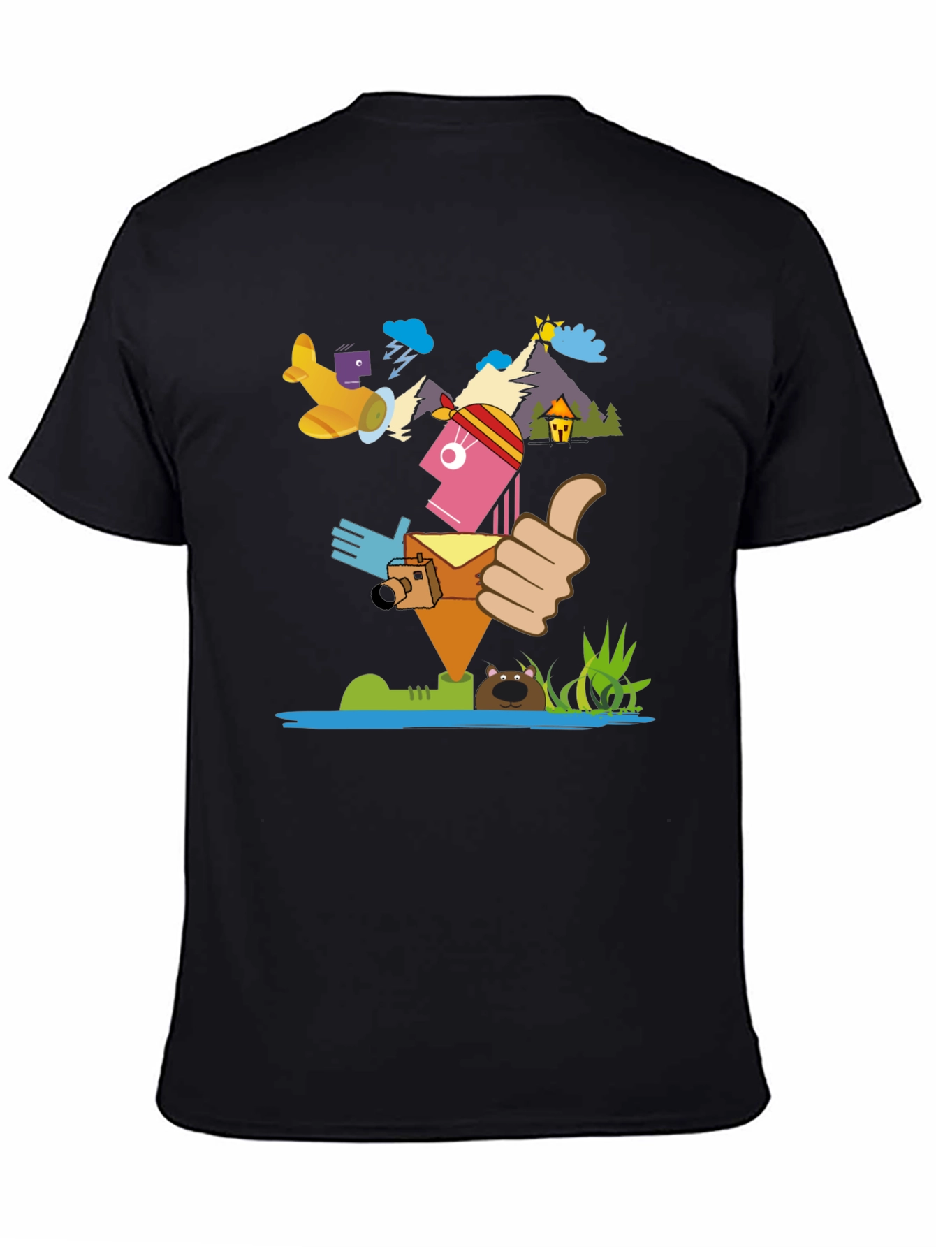 Black Funky Graphic Print Tee - Travel Adventure Theme view 4