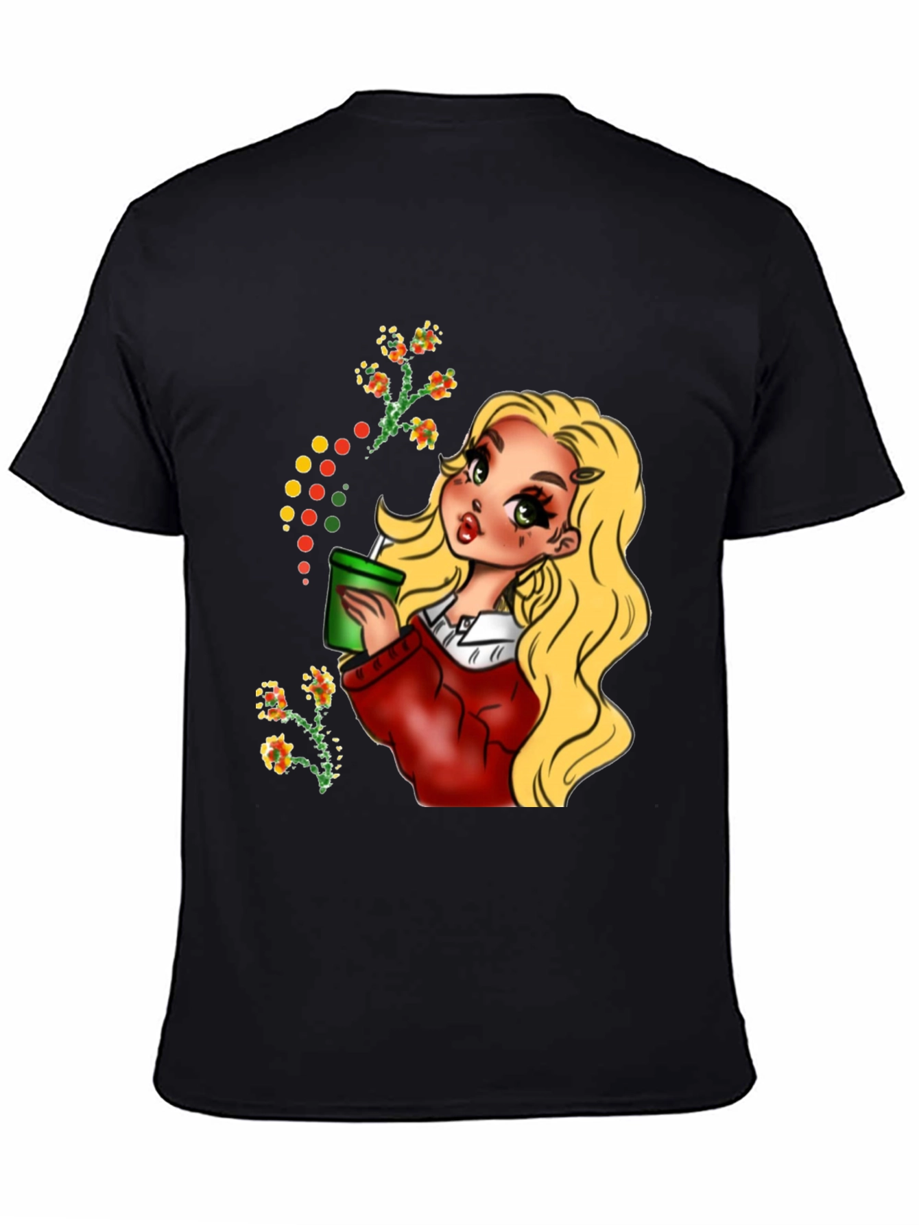 Black Blonde Cartoon Girl Black T-Shirt view 4