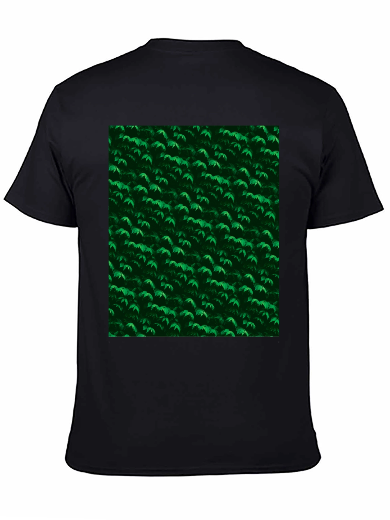 Black Green Leaves Pattern Black T-Shirt view 4