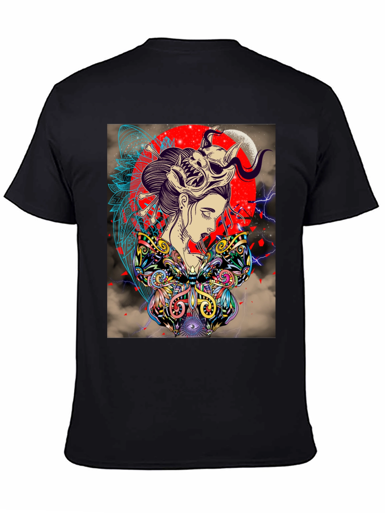 Black Geisha Mask Graphic Print Black T-Shirt view 4