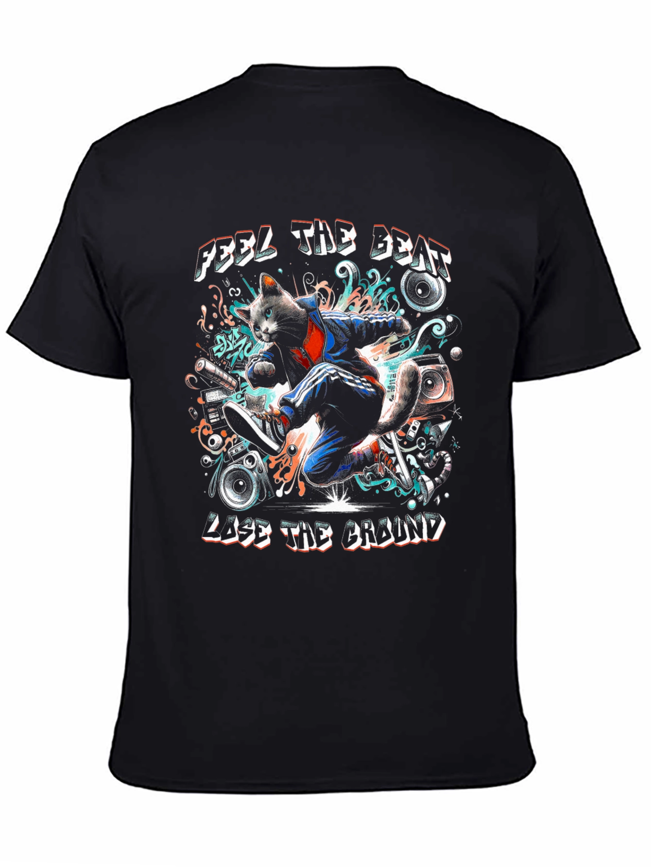 Black Feel the Beat Cat T-Shirt view 4