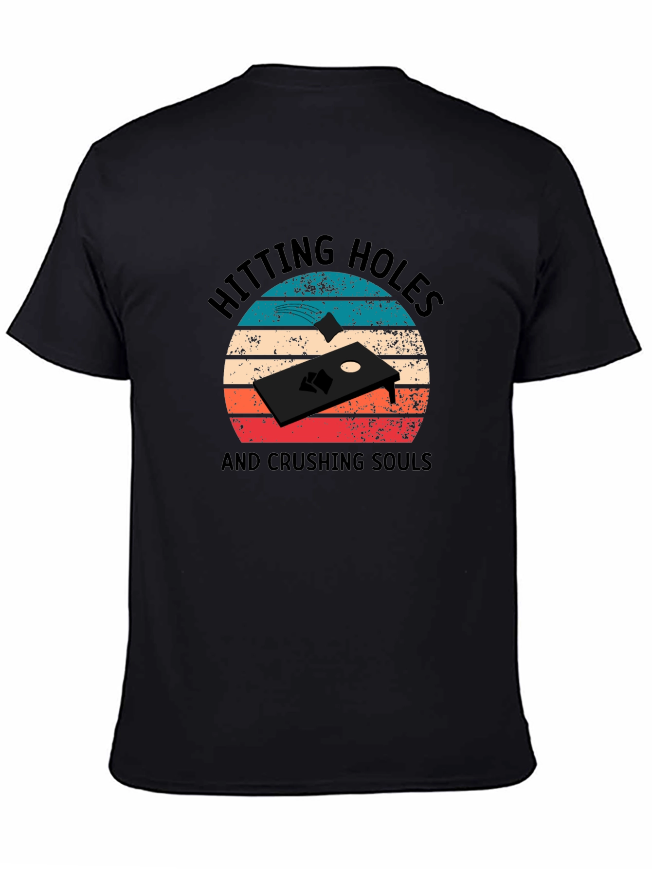 Black Hitting Holes Cornhole T-Shirt view 4