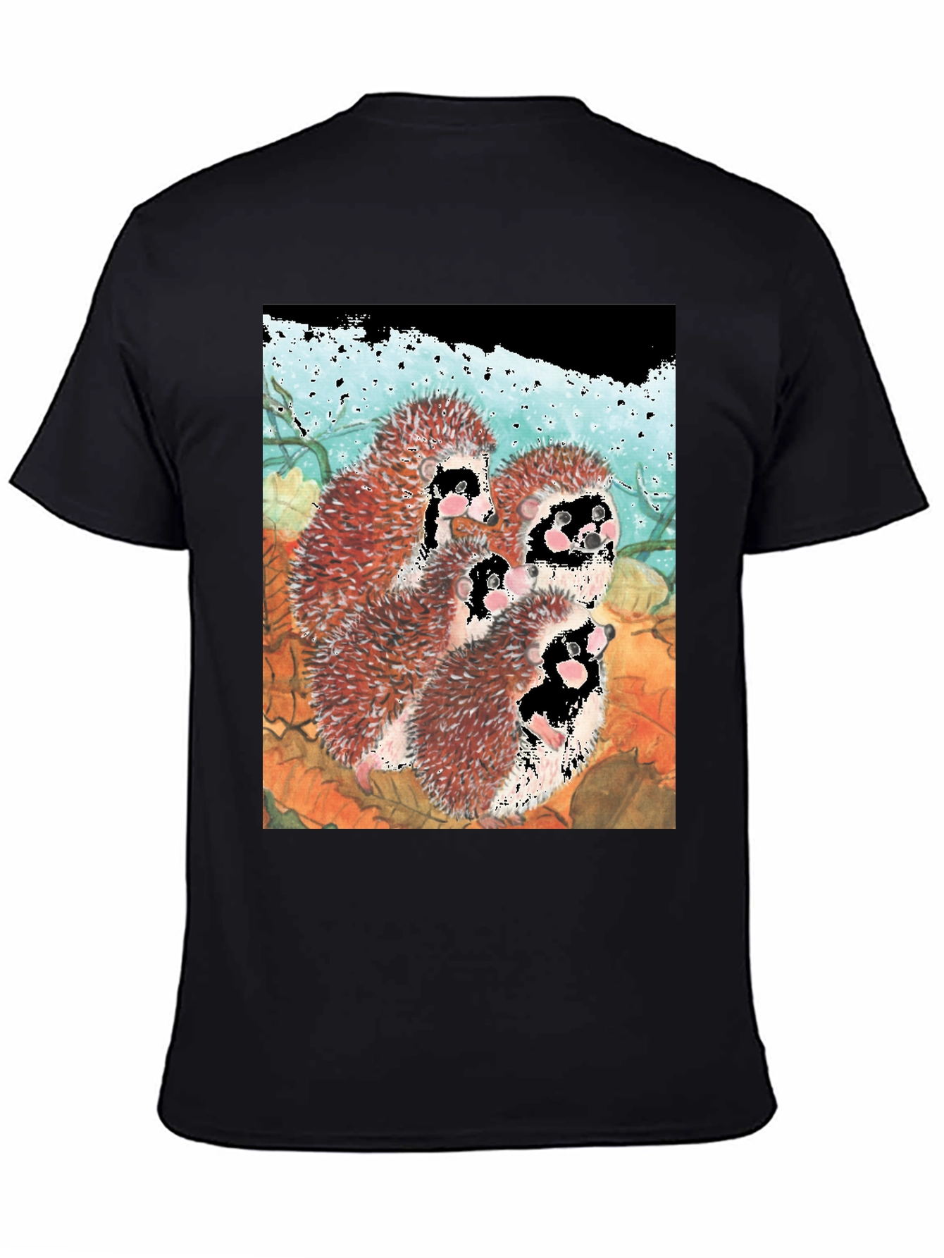 Black Hedgehog Family T-Shirt - Black Cotton Tee view 4