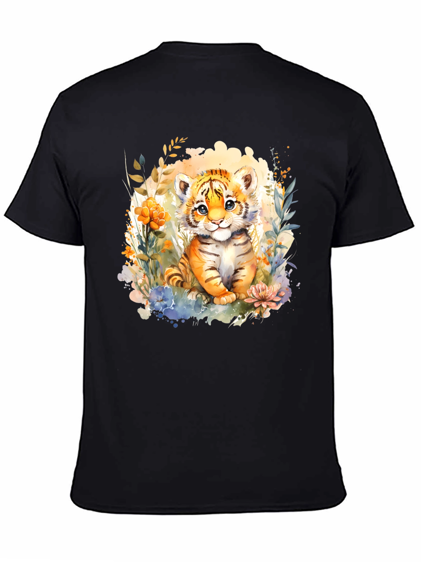 Black Cute Tiger Cub Floral Graphic T-Shirt view 4
