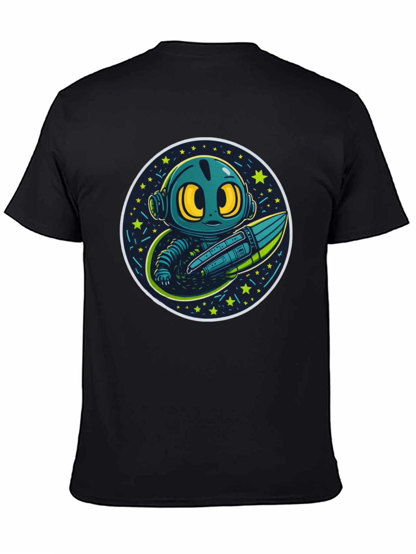 Black Cartoon Alien Rocket Black T-Shirt view 4