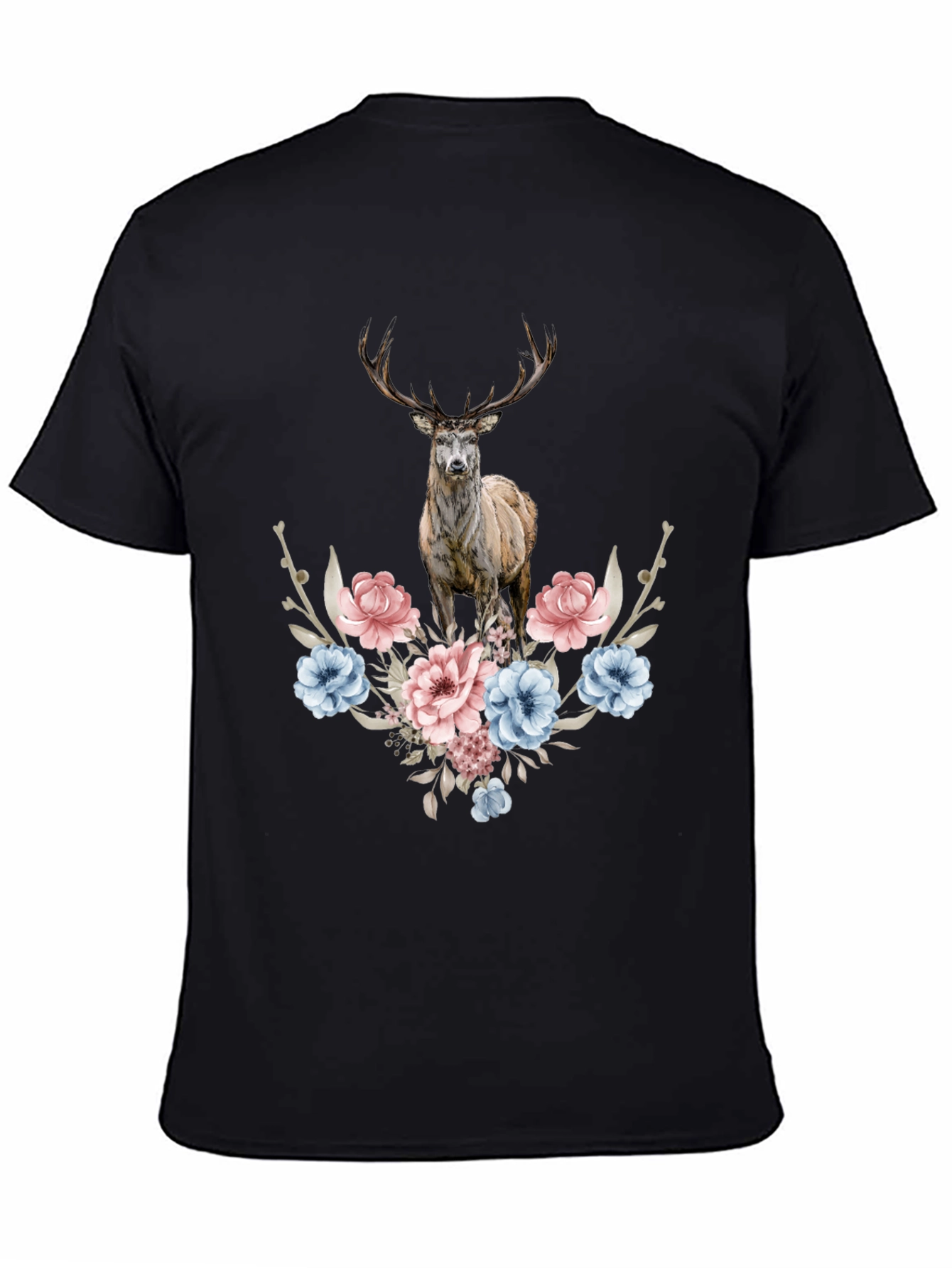 Black Floral Deer Graphic Tee - Men's Black T-Shirt view 4