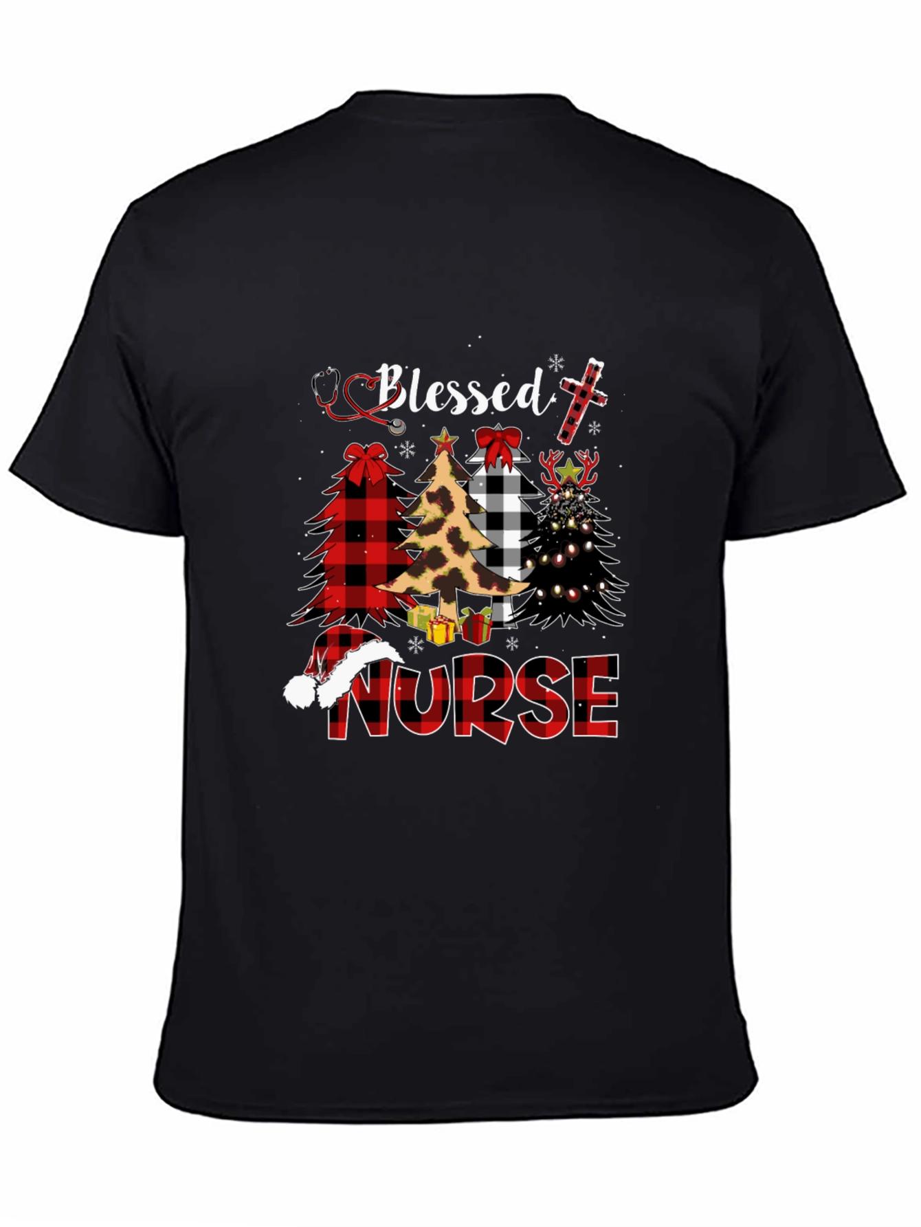 Black Blessed Nurse Christmas Tree Plaid T-Shirt view 4