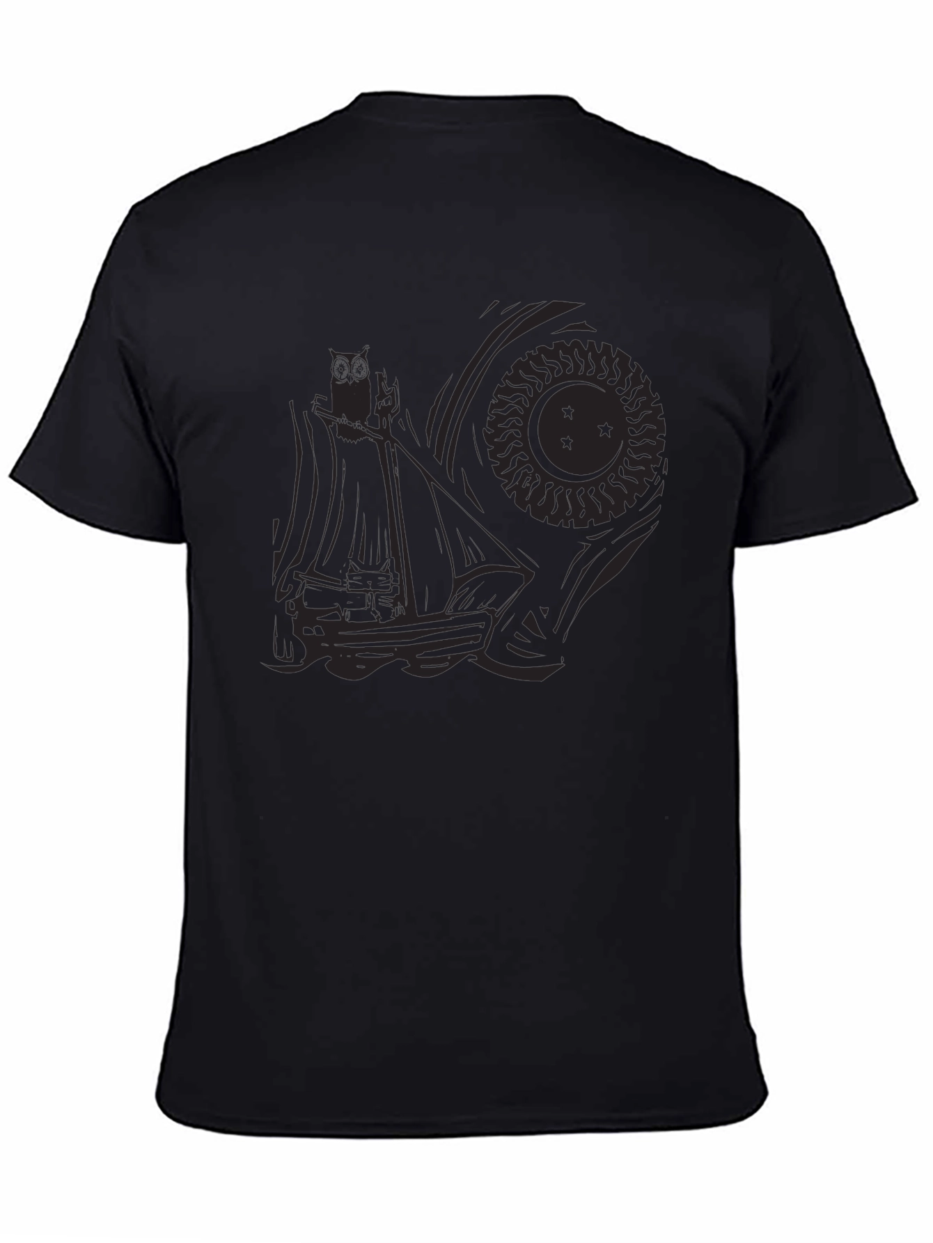 Black Men's Black Graphic Tee - Ship and Sun Design view 4