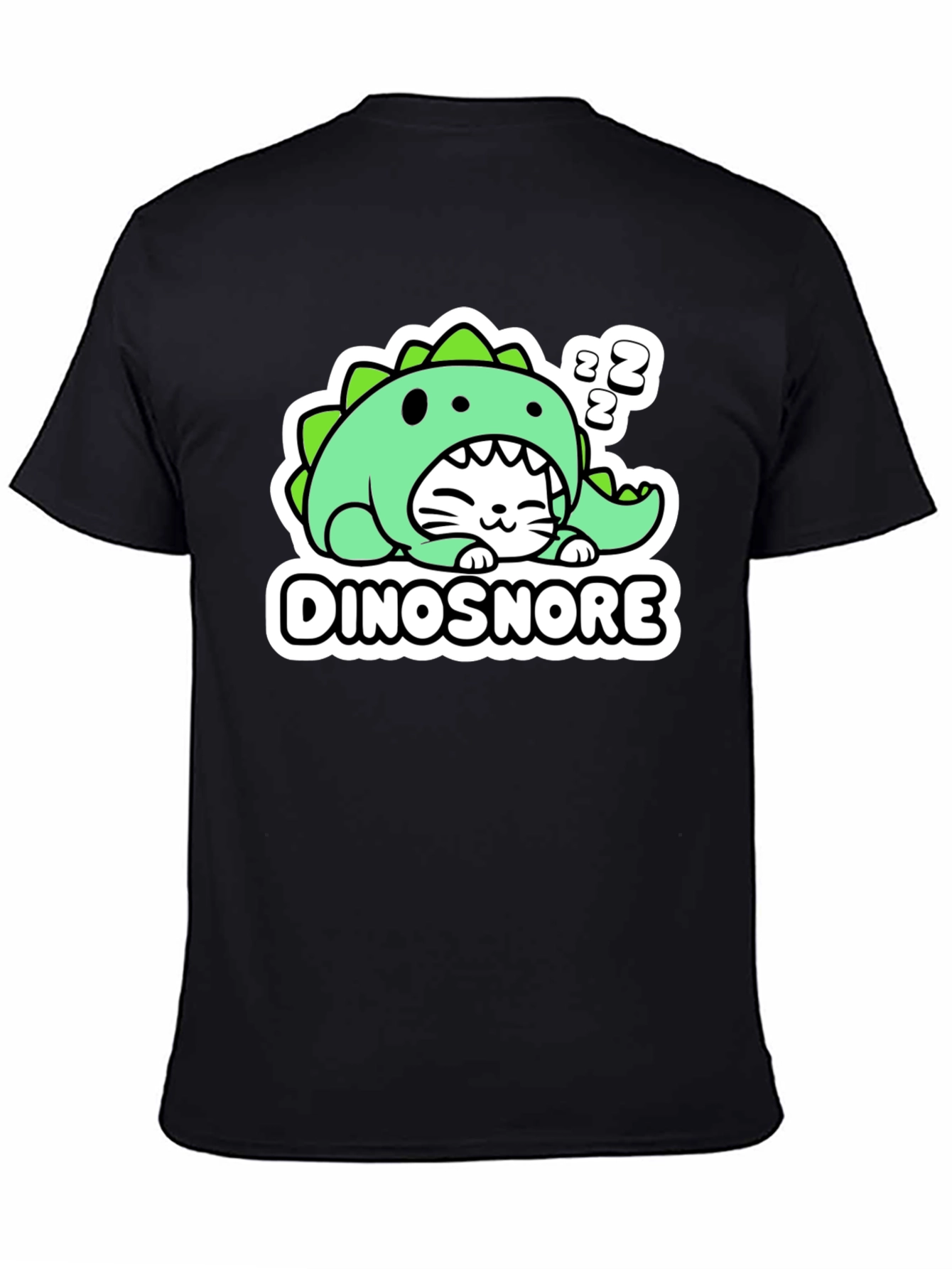 Black Dinosnore Cat T-Shirt - Funny Sleeping Dinosaur Tee view 4