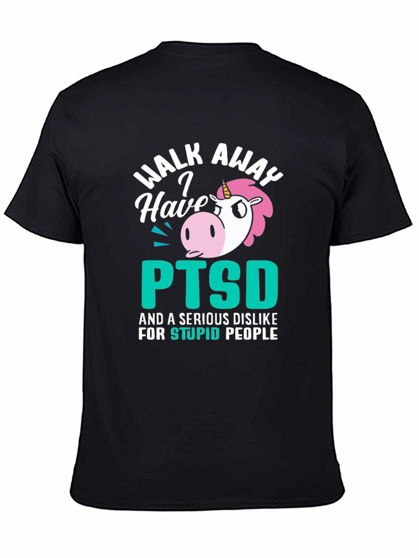 Black Walk Away PTSD Unicorn Graphic T-Shirt view 4