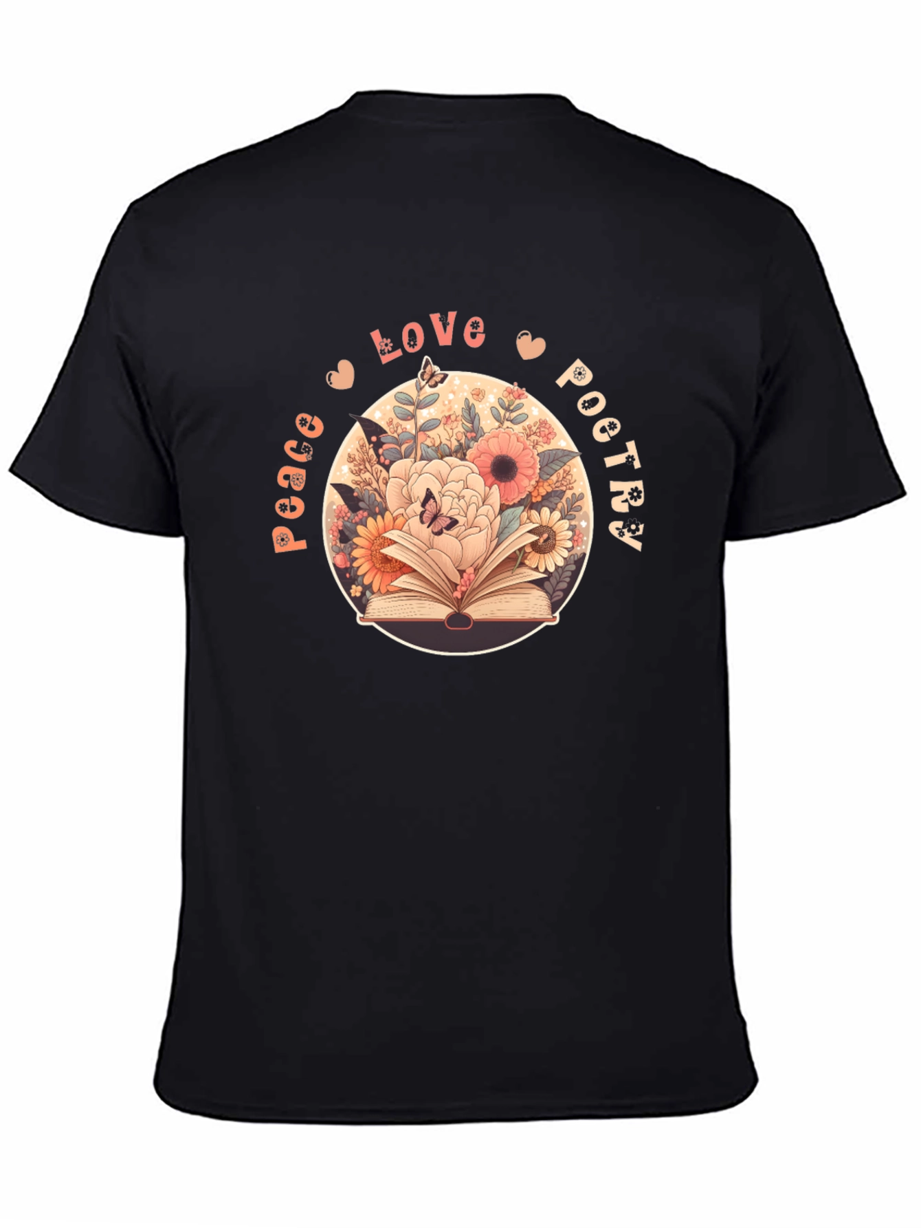 Black Peace Love Poetry T-Shirt - Floral Book Design view 4