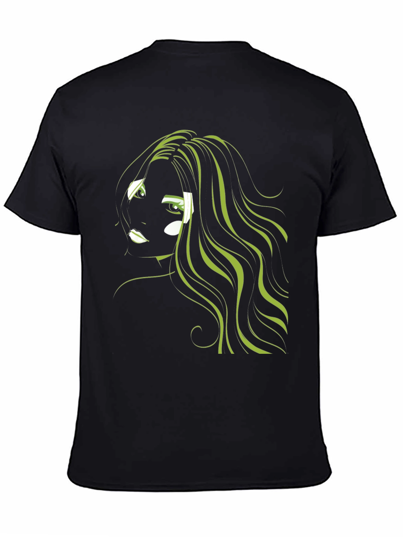 Black Graphic T-Shirt: Green Hair Anime Style view 4